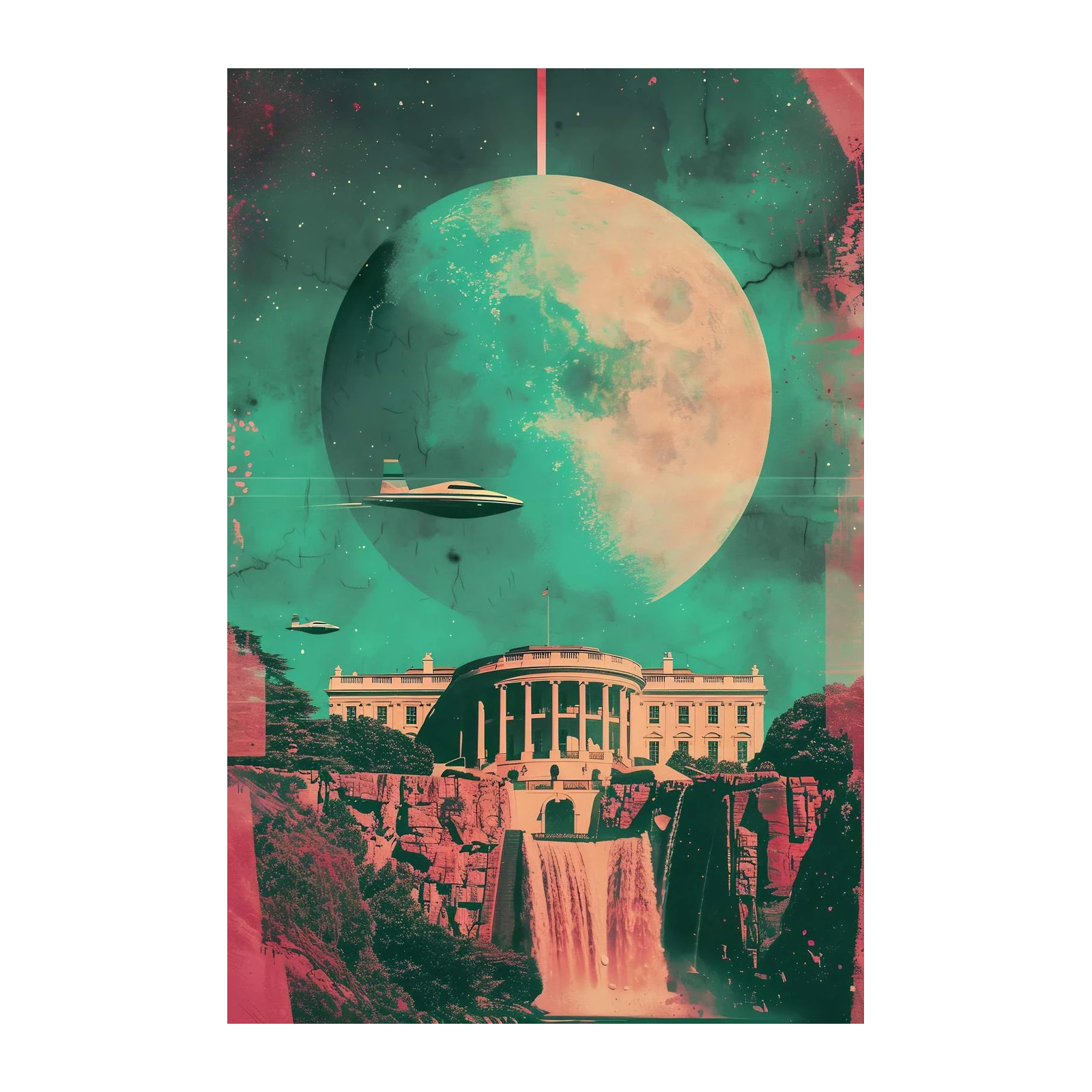 Retro Sci-Fi Oval Office with UFOs Wall Art