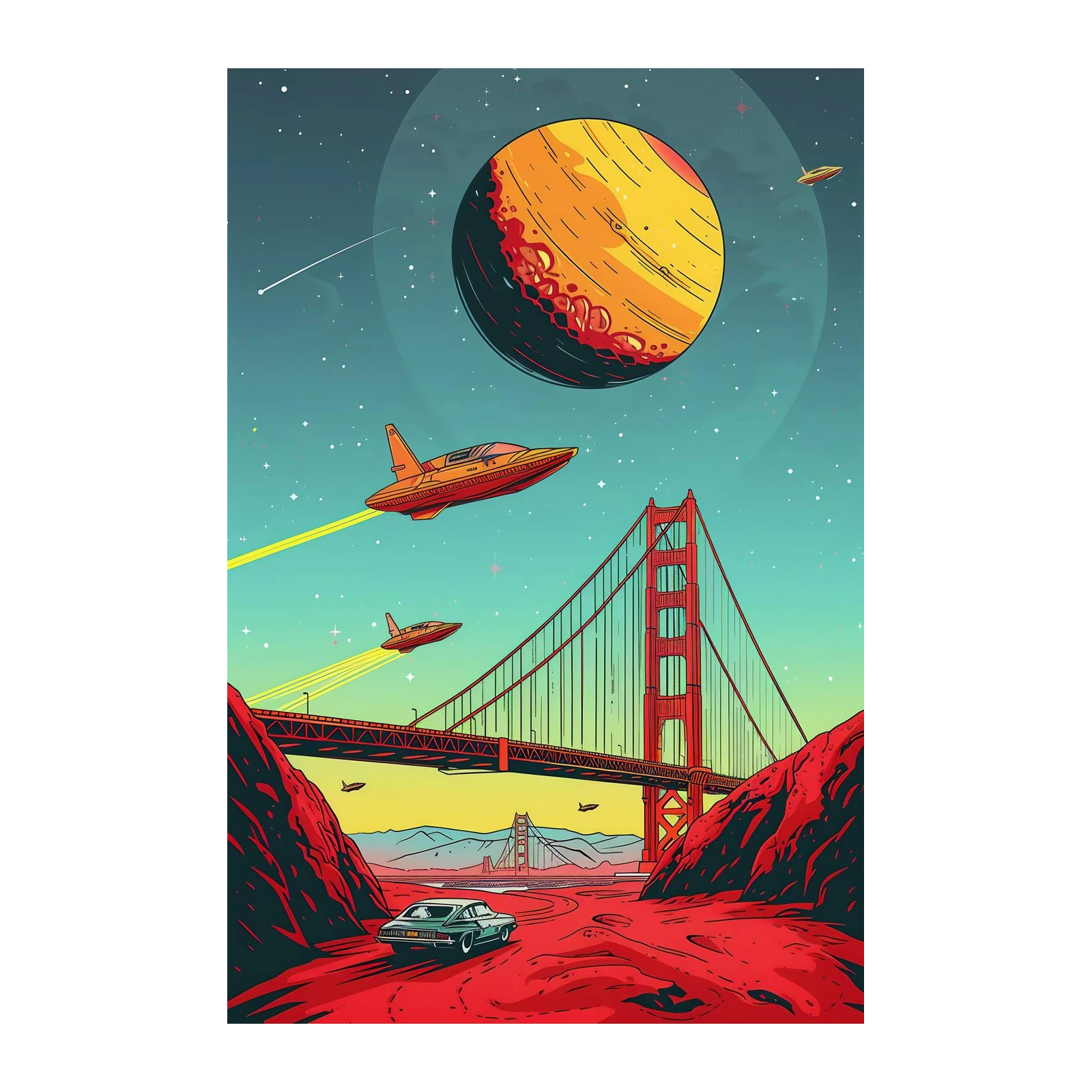 Retro Sci-Fi Golden Gate Spaceships Wall Art