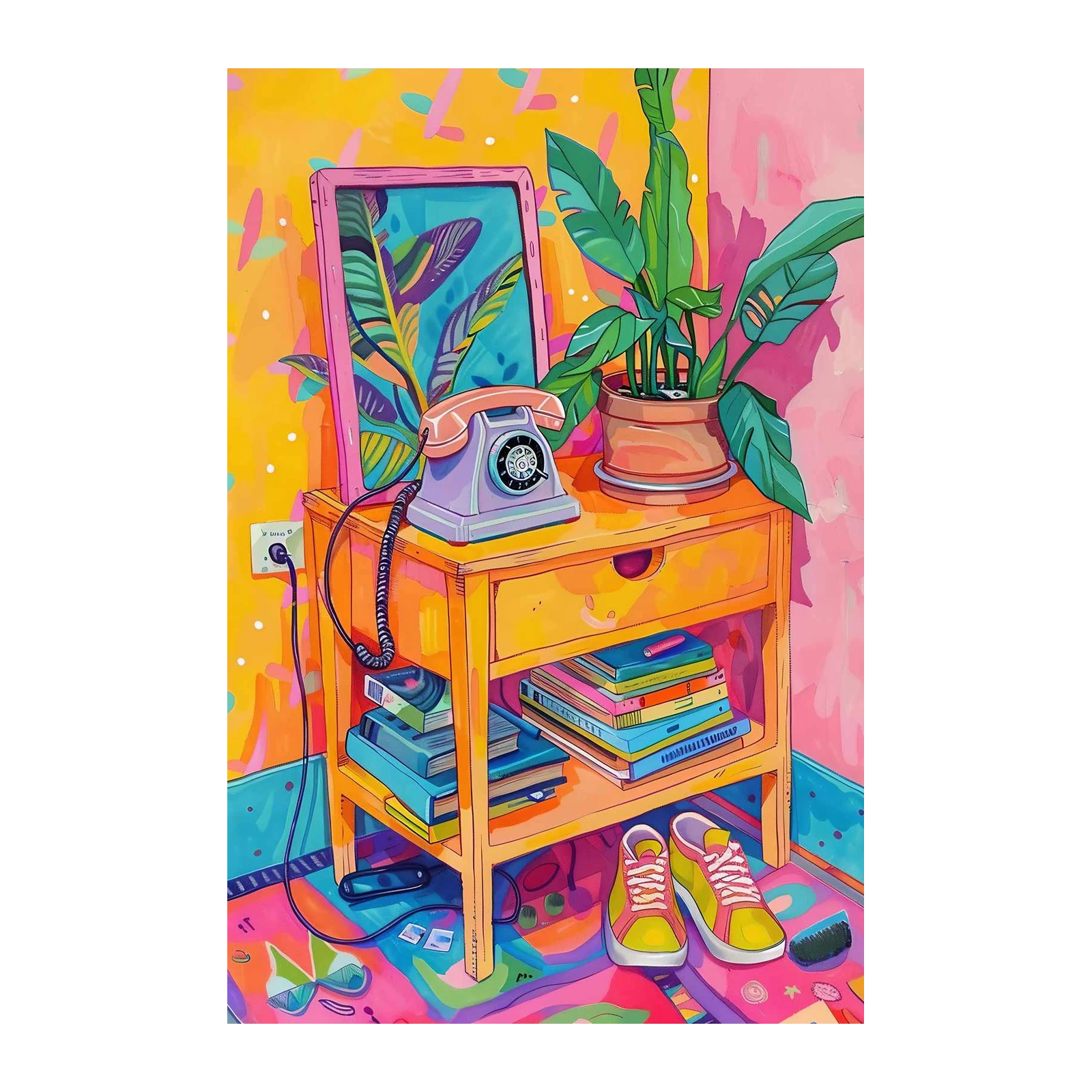 Retro Phone & Plant Pop Art Wall Art