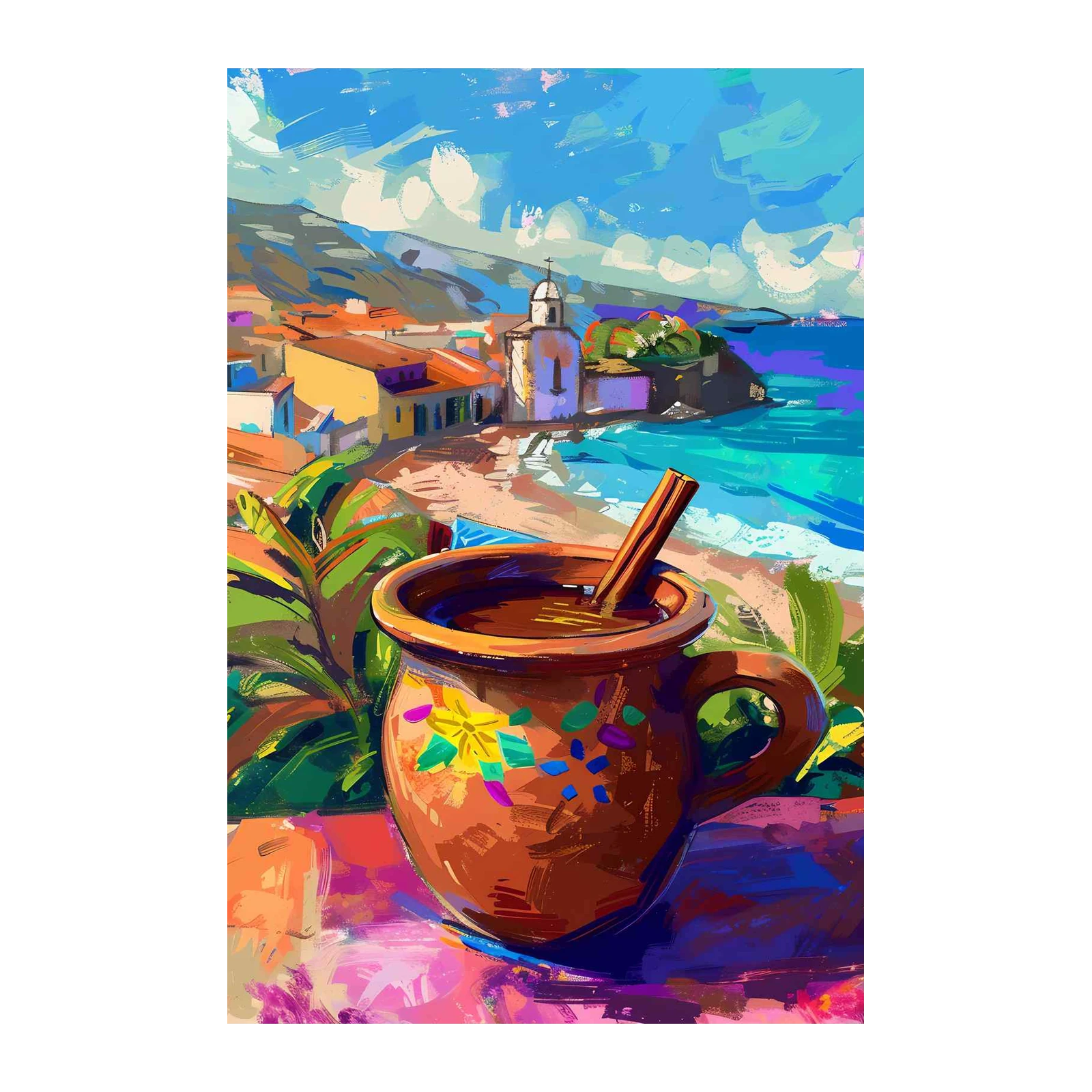 Vibrant Mexican Coastal View & Hot Drink Wall Art