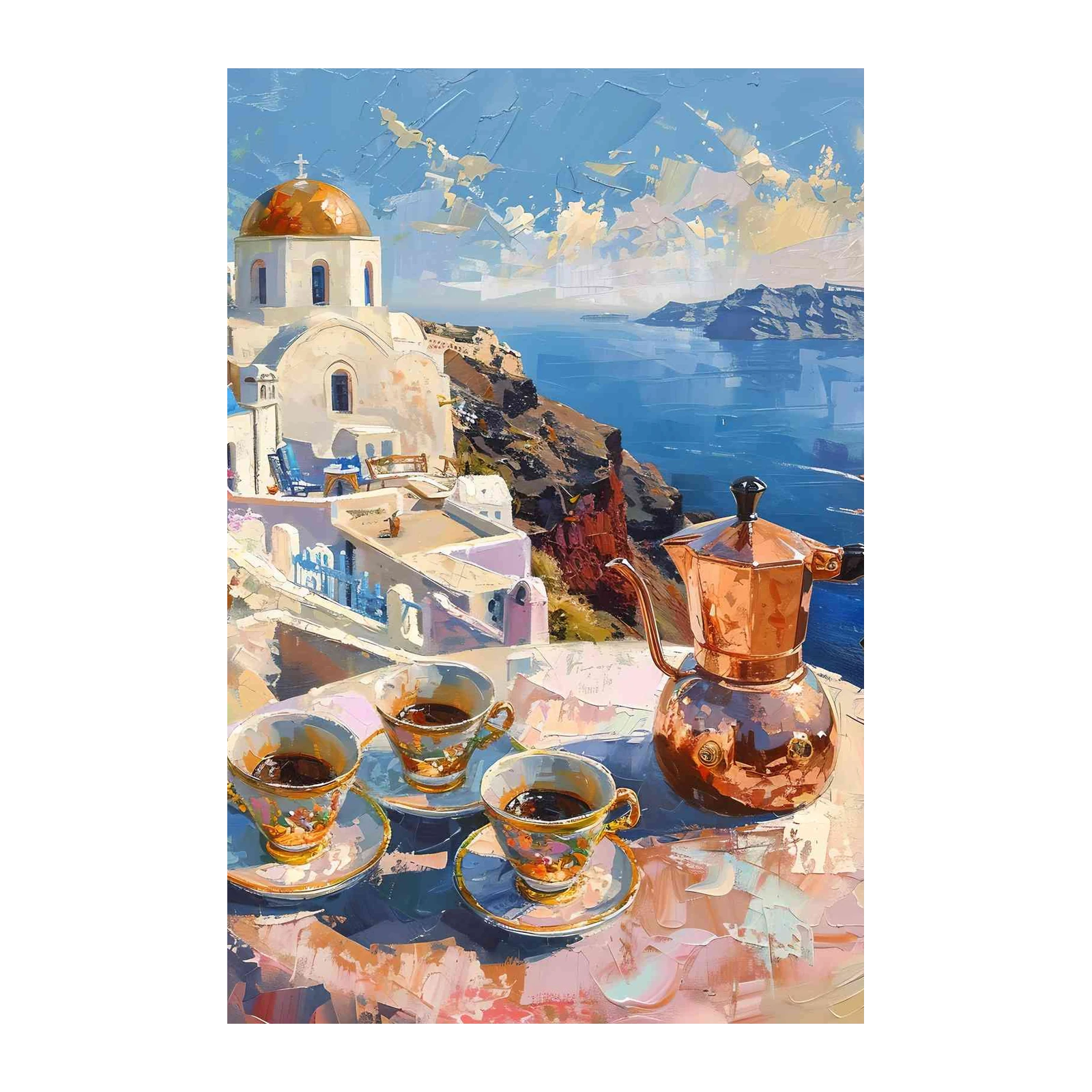 Santorini Morning Coffee Oil Painting Wall Art