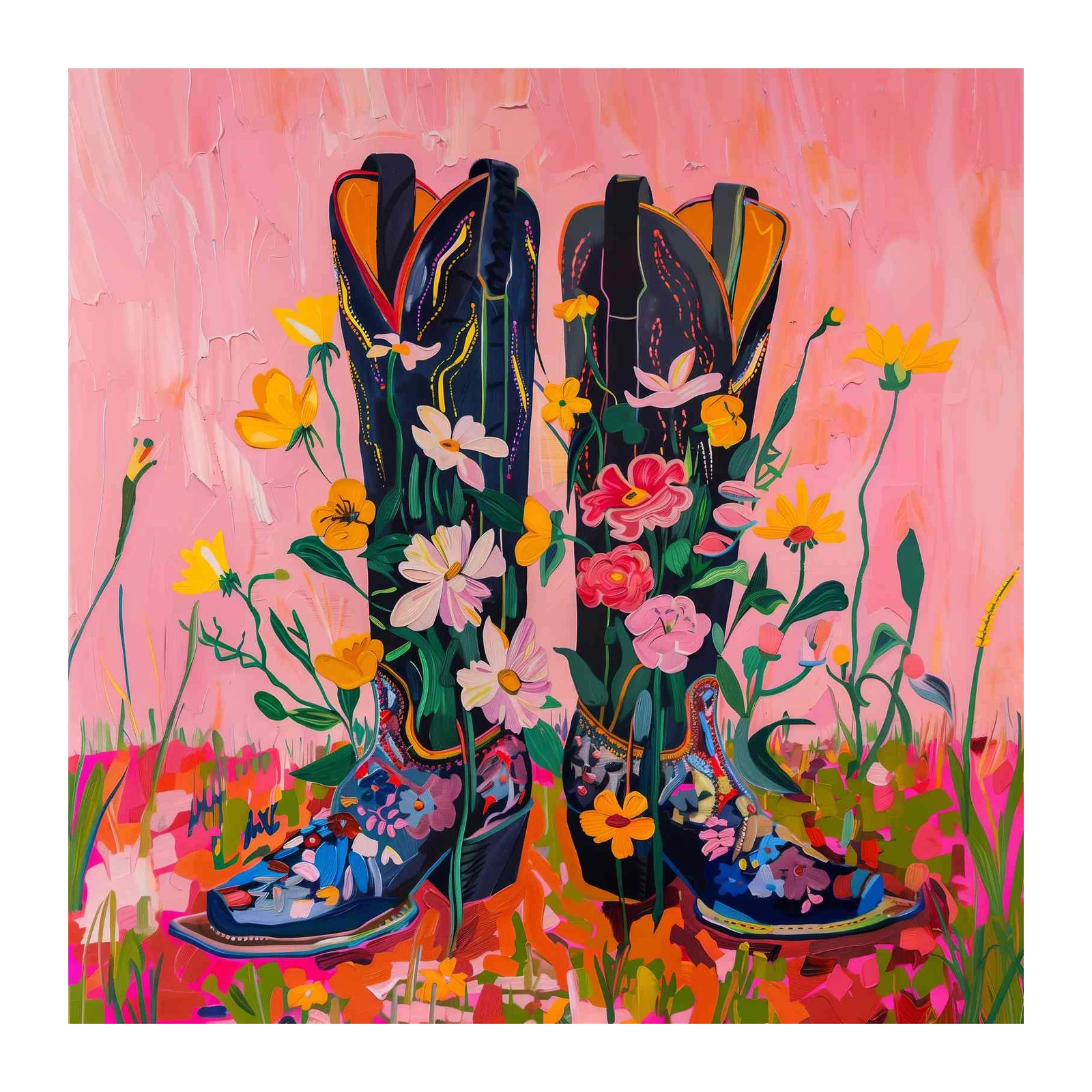 Floral Cowboy Boots Pink Wall Art