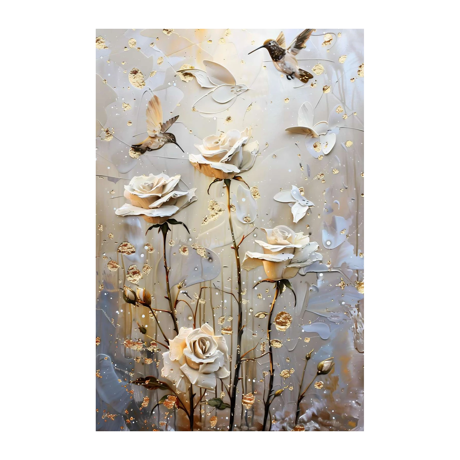 Elegant Rose & Hummingbird Gold Speckled Wall Art