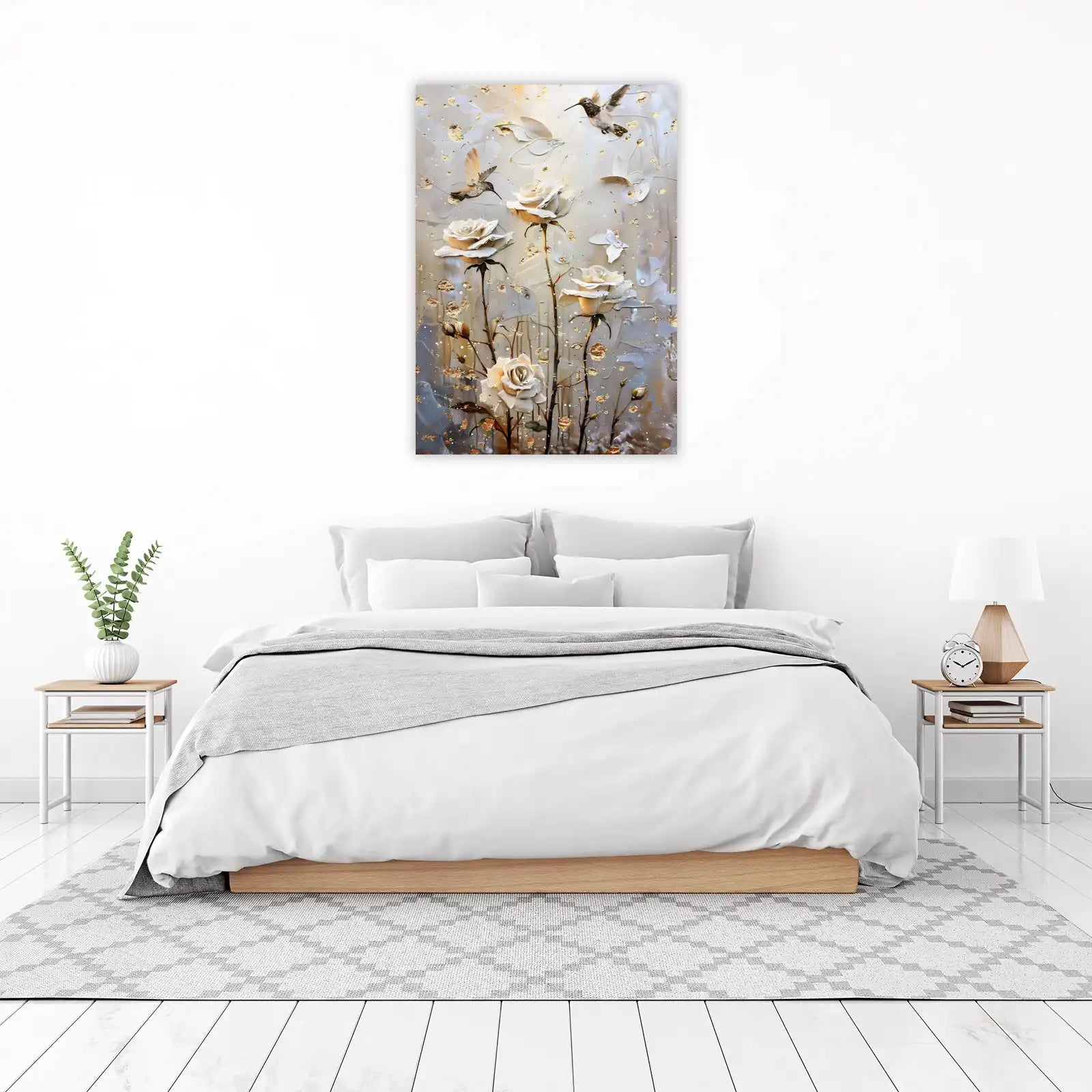 Elegant Rose & Hummingbird Gold Speckled Wall Art