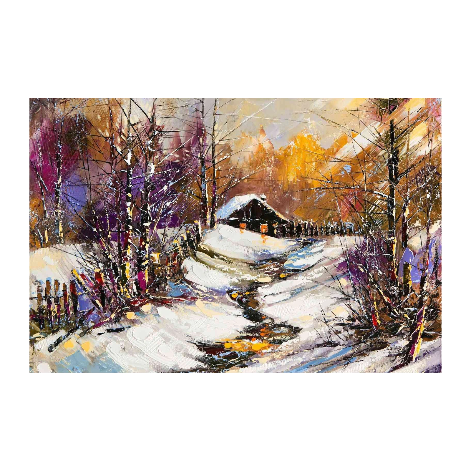 Cozy Winter Cabin Impressionist Wall Art