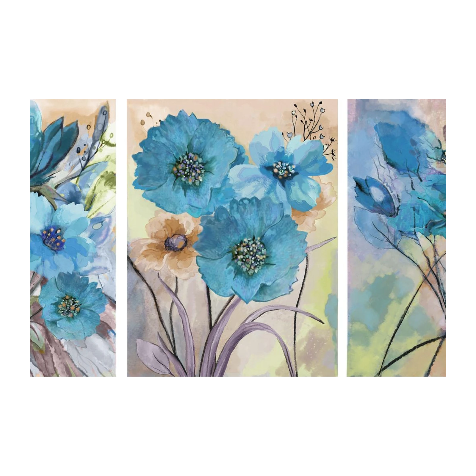 Vibrant Blue Floral Triptych Wall Art