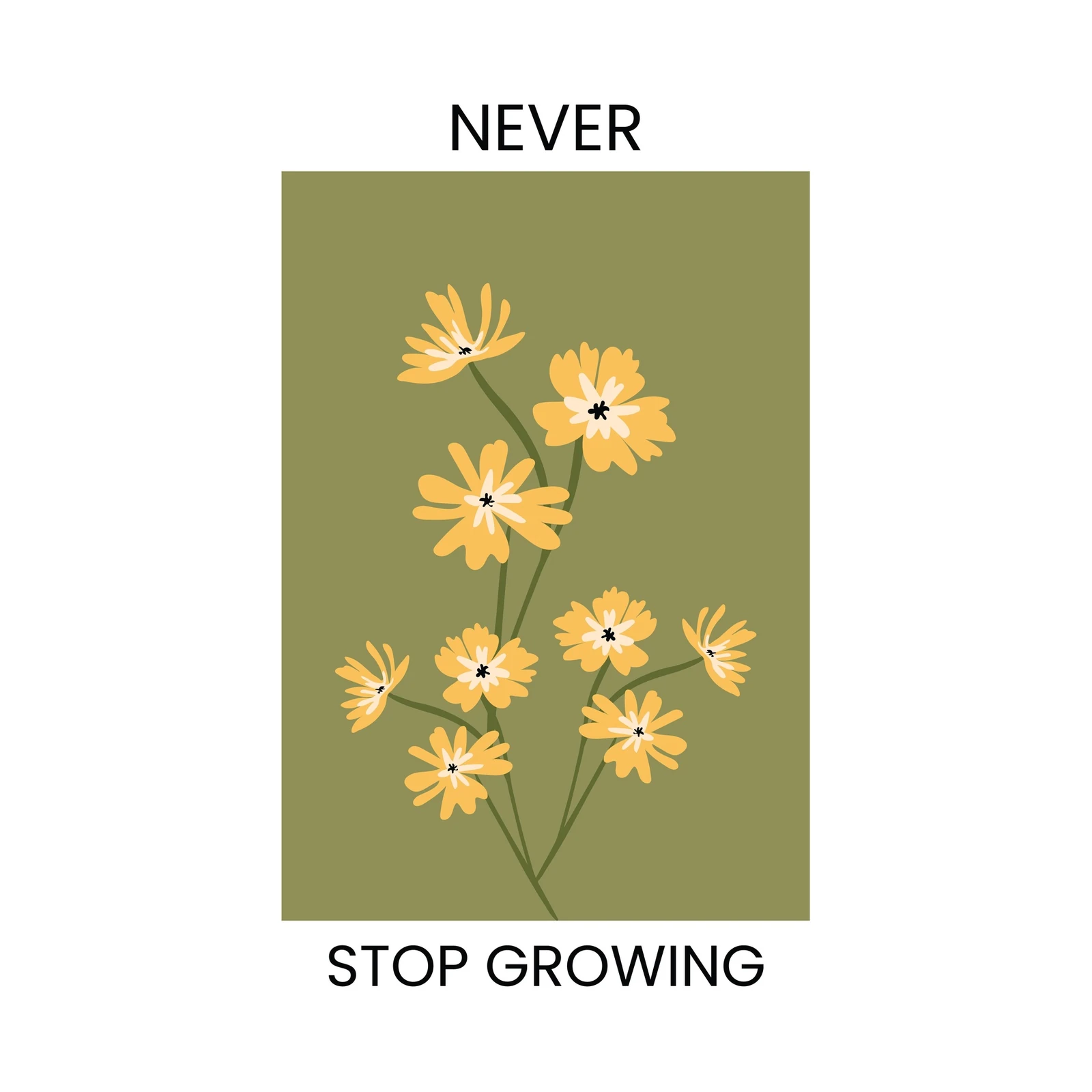 Yellow Floral "Never Stop Growing" Wall Art