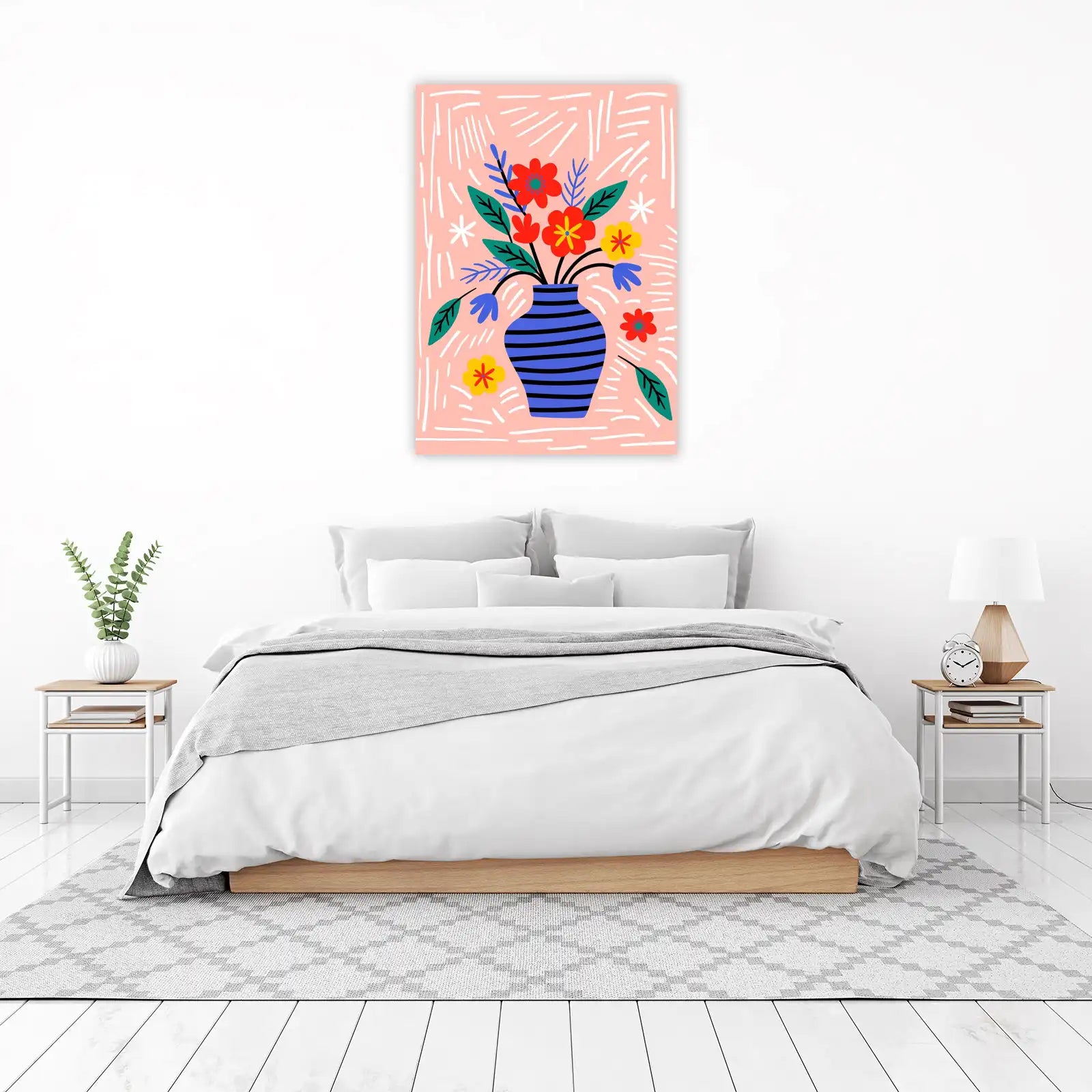 Vibrant Floral Bouquet Blue Striped Vase Wall Art
