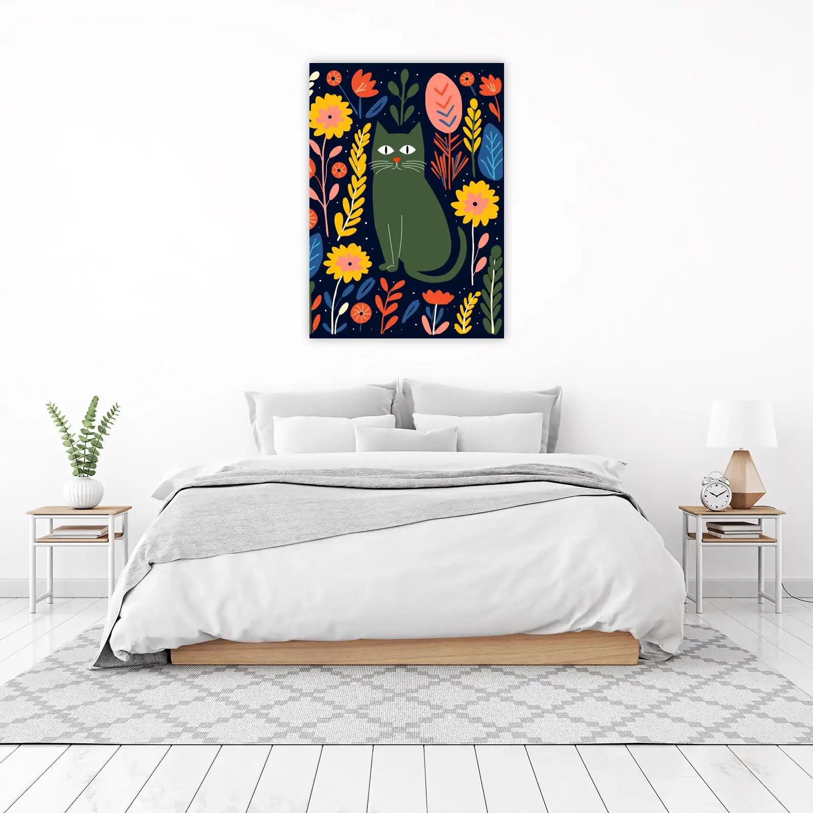 Whimsical Green Cat Floral Art Wall Art