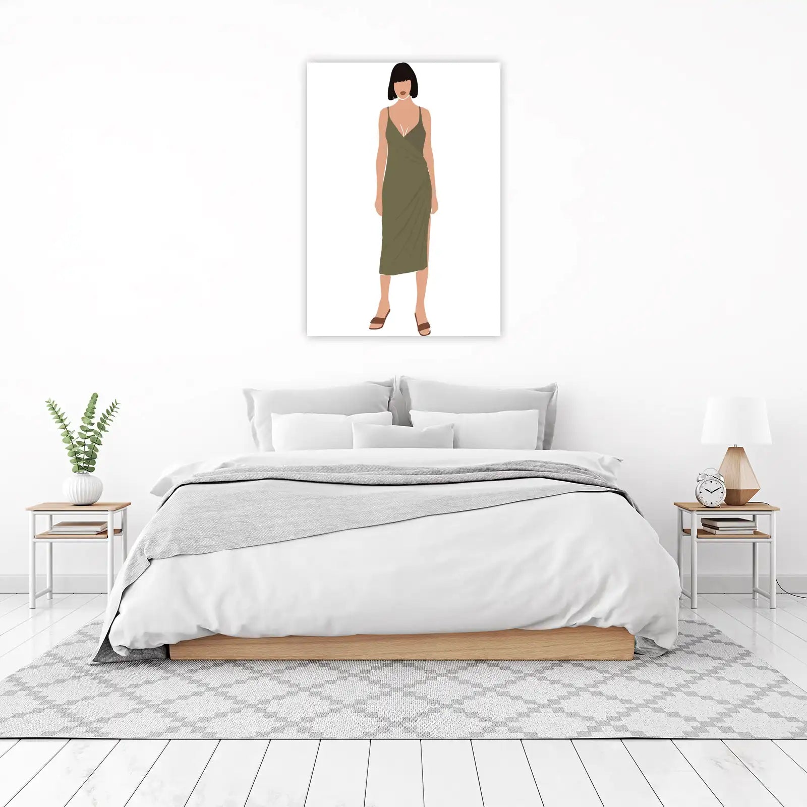 Chic Olive Green Midi Dress Woman Wall Art