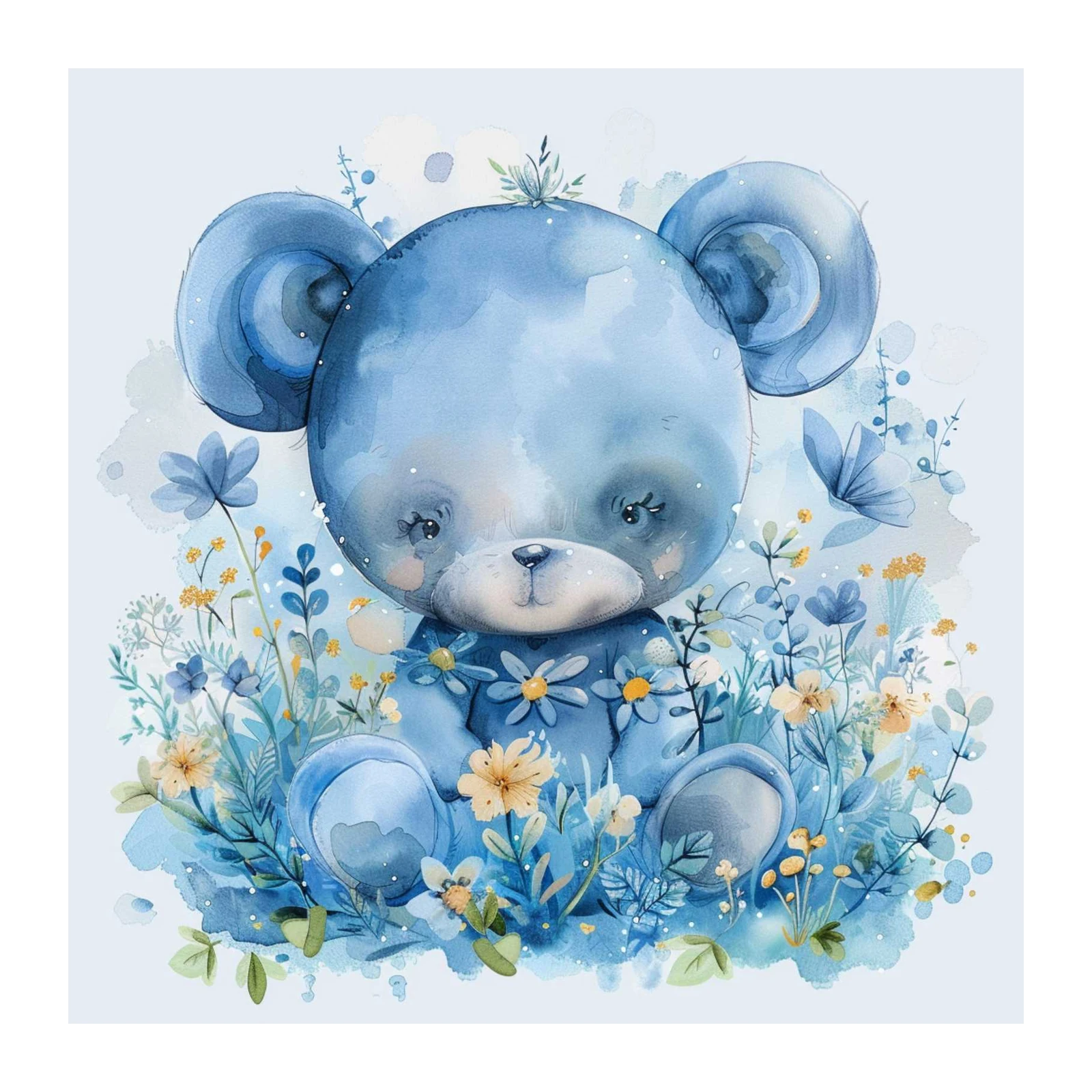 Enchanting Blue Bear & Flowers Wall Art