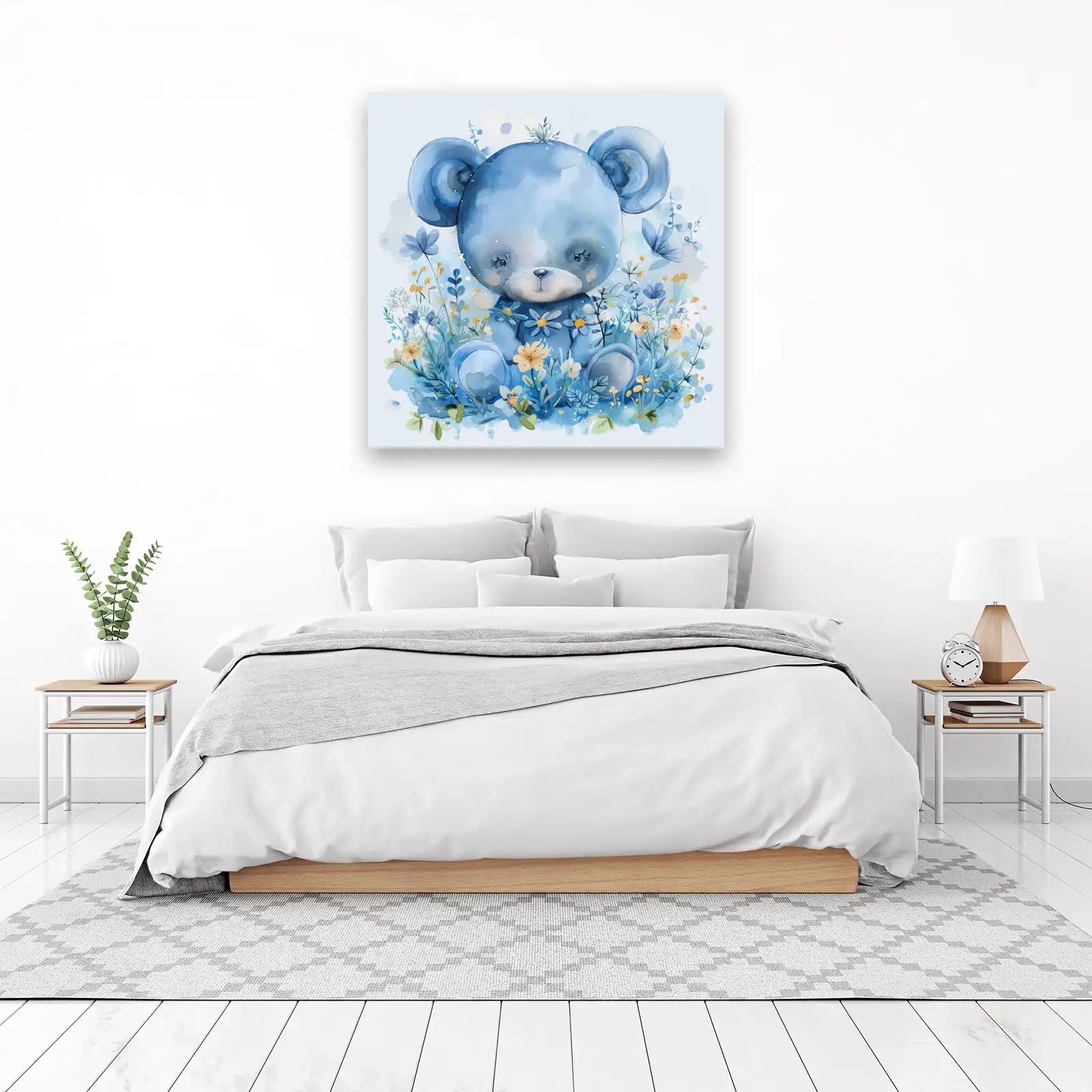 Enchanting Blue Bear & Flowers Wall Art