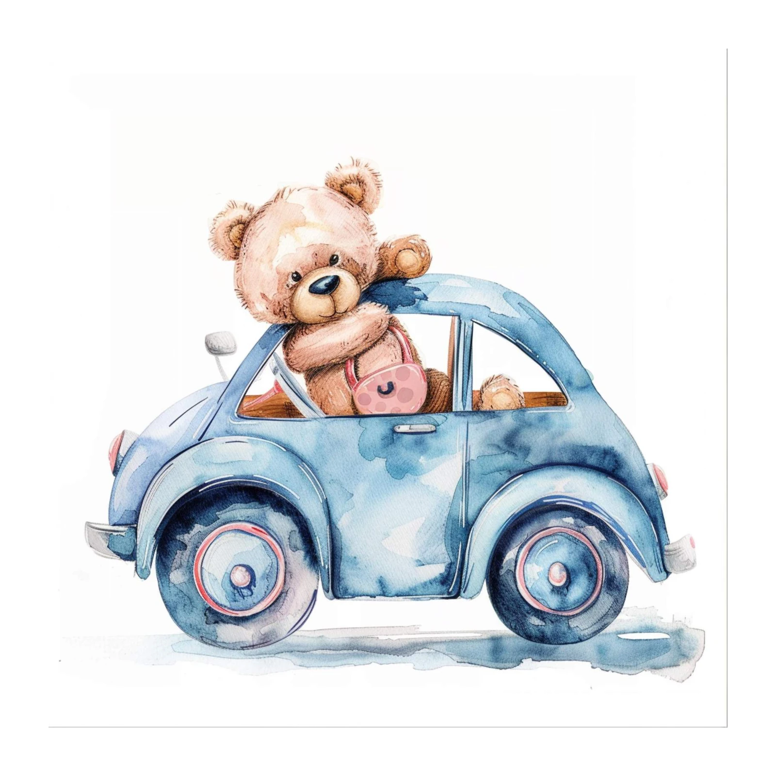 Adorable Teddy Bear Driving Blue Car Wall Art