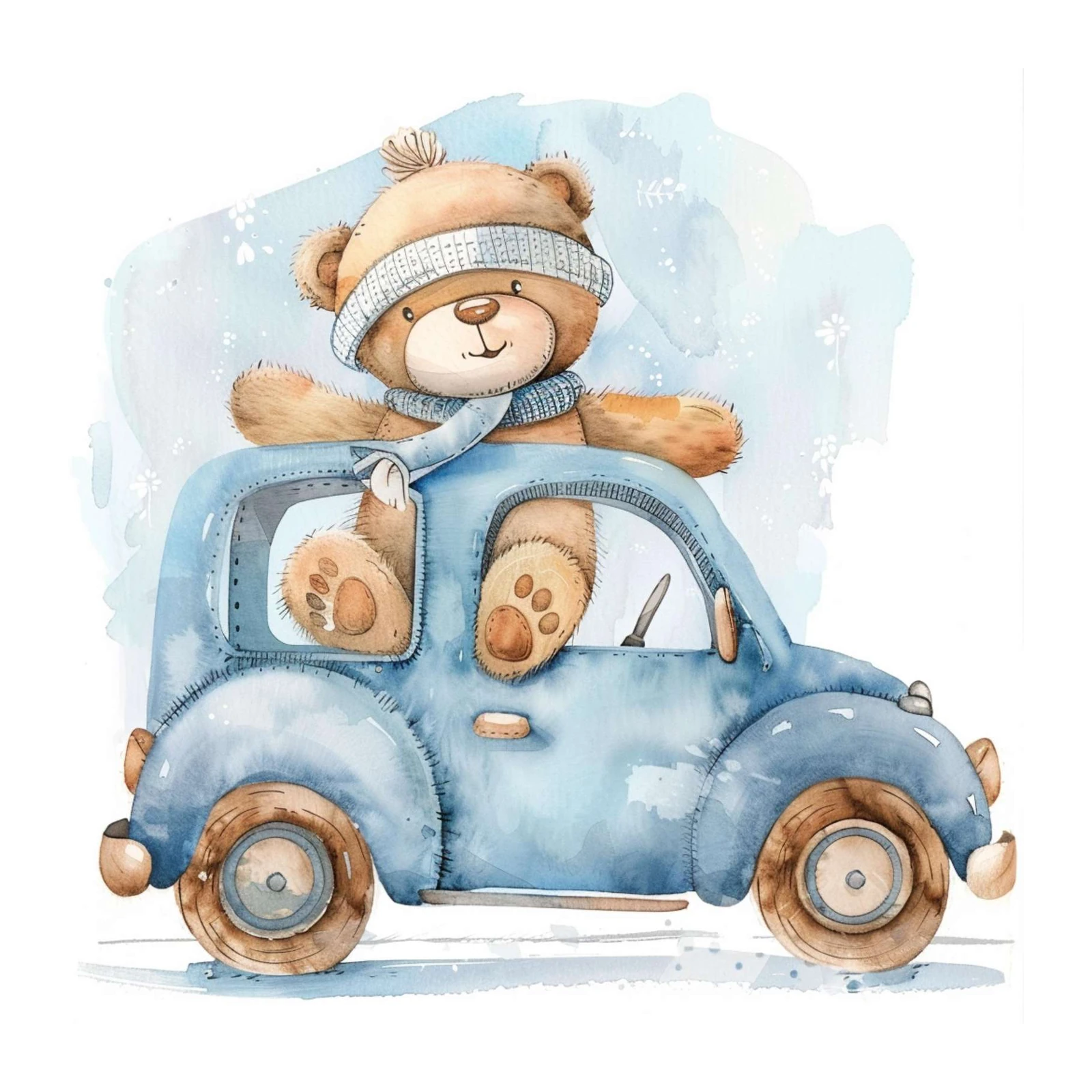Adorable Teddy Bear Driving Blue Car Wall Art