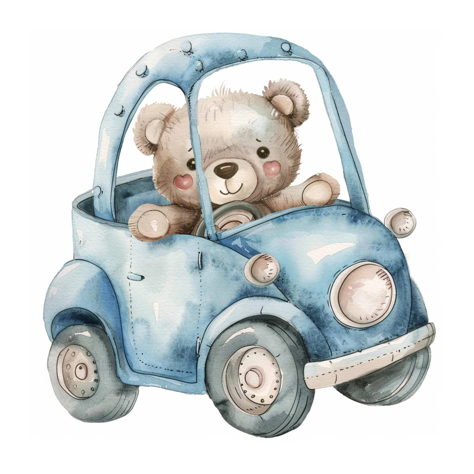 Cute Teddy Bear Driving Blue Car Wall Art