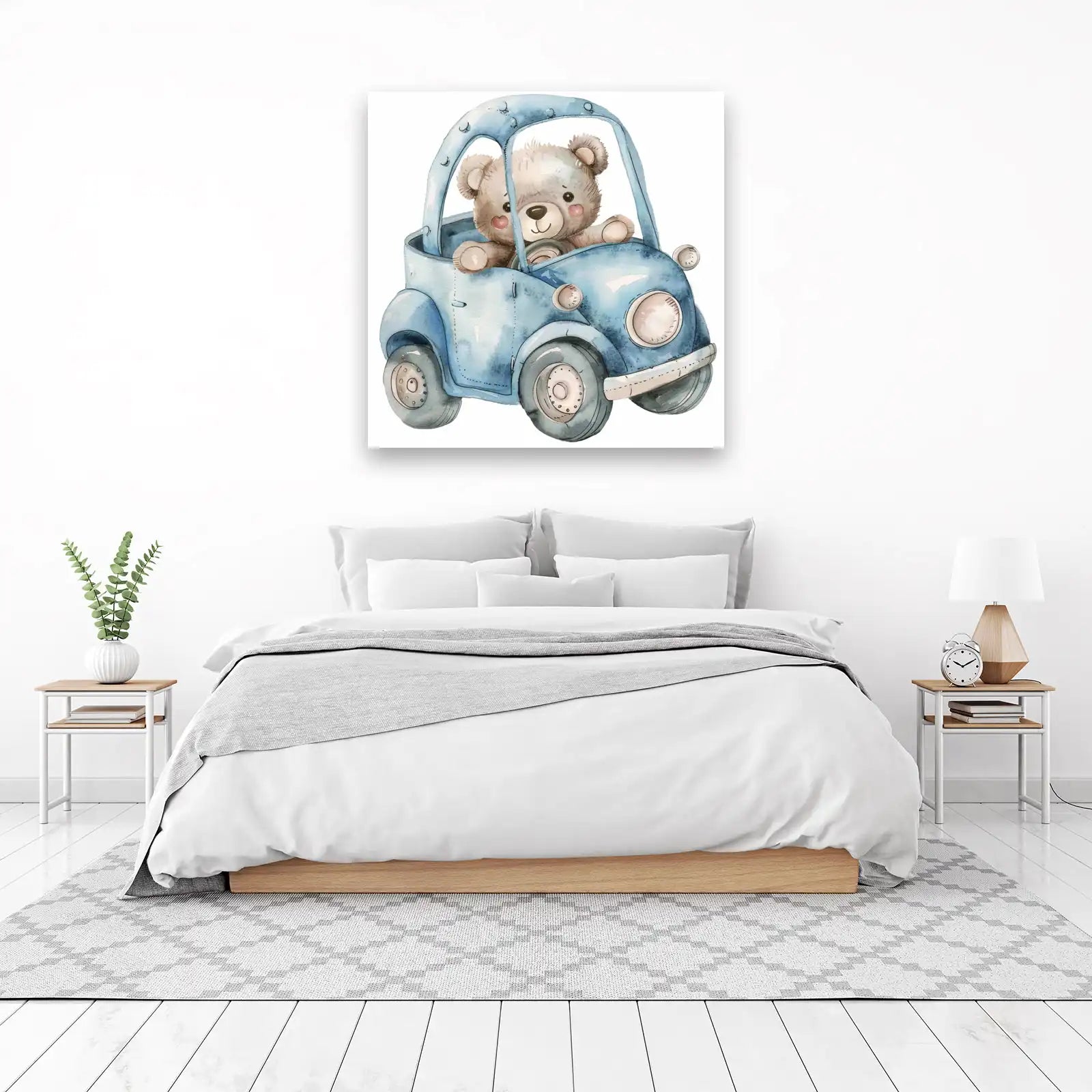 Cute Teddy Bear Driving Blue Car Wall Art