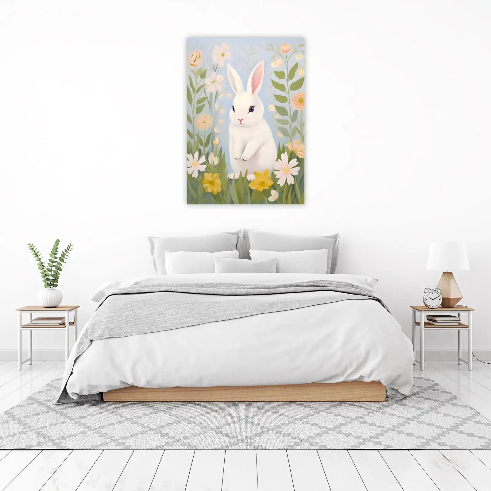 Charming White Bunny Floral Garden Wall Art
