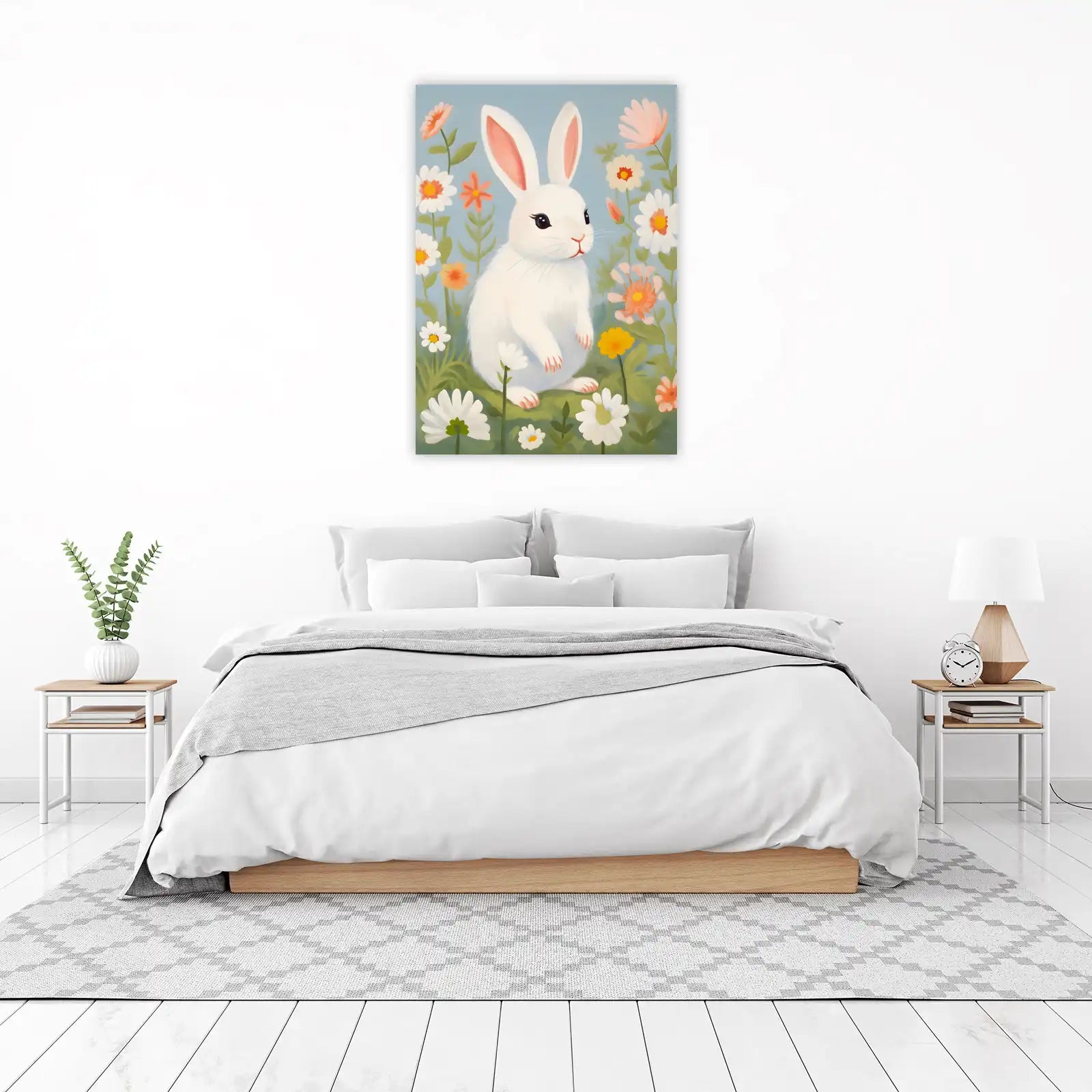 Charming White Bunny & Floral Field Wall Art