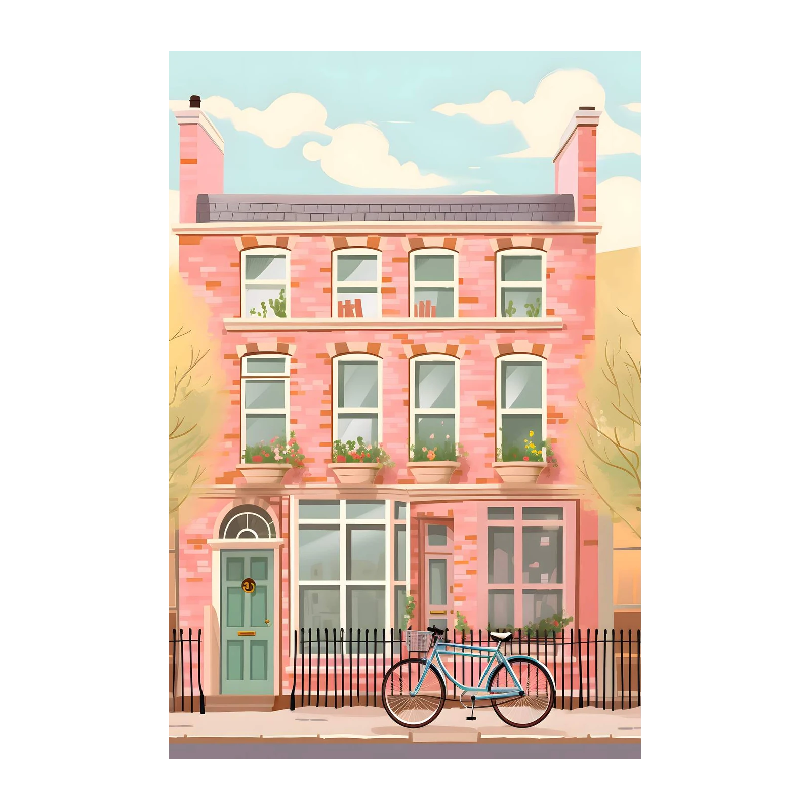 Charming Pink Townhouse & Bicycle Wall Art