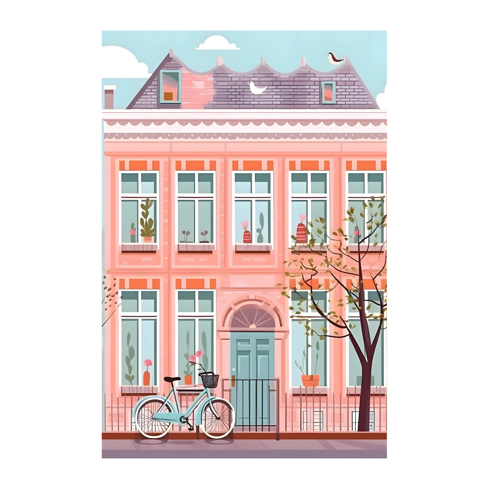 Charming Pink Townhouse Bicycle Wall Art