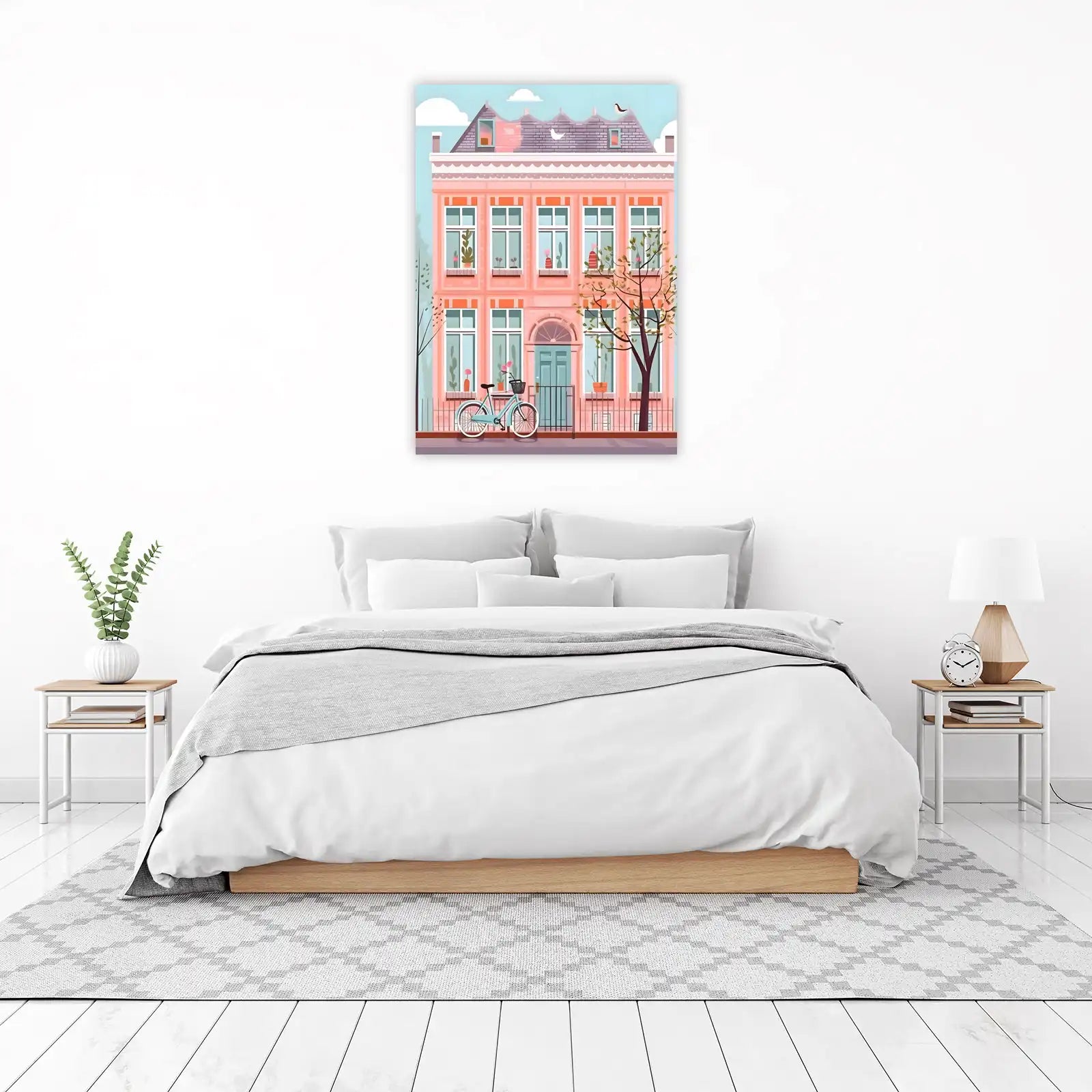 Charming Pink Townhouse Bicycle Wall Art