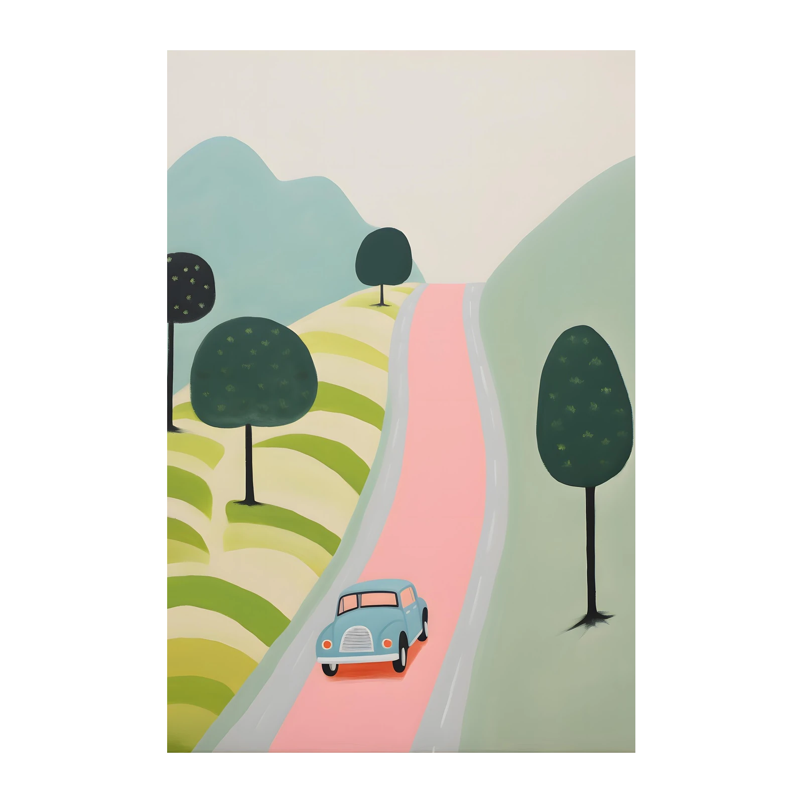 Retro Blue Car Scenic Road Landscape Wall Art