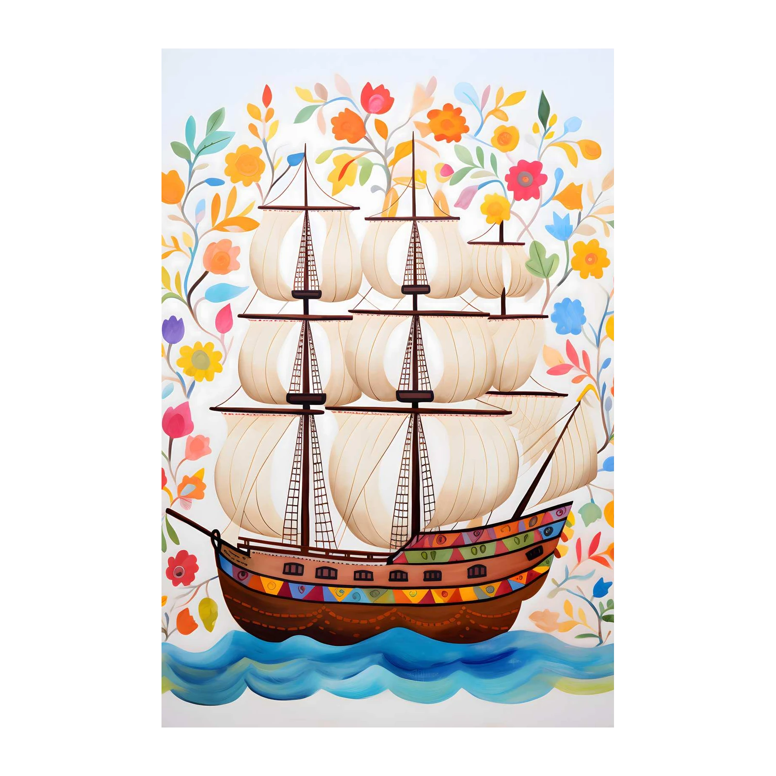 Vintage Ship Floral Whimsical Sailboat Wall Art