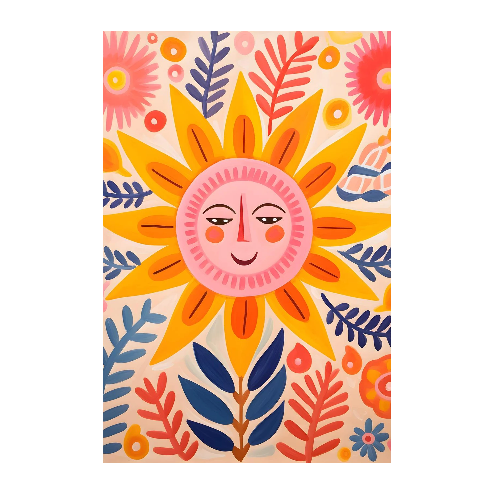 Whimsical Sun Face Floral Folk Art Wall Art
