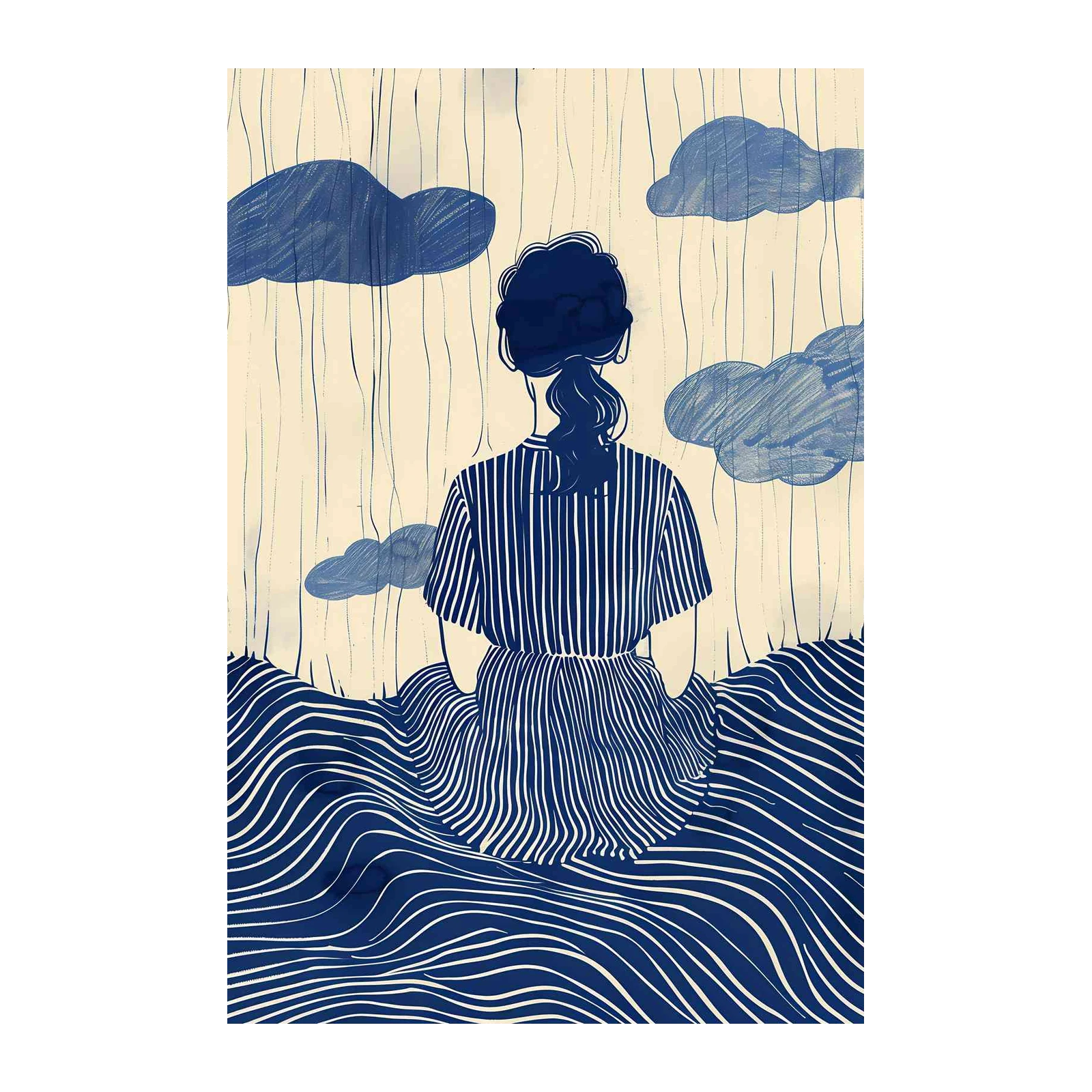 Serene Woman & Waves Blue Wall Art