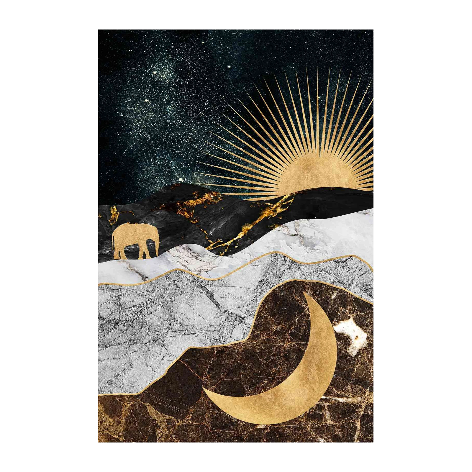 Majestic Elephant Gold Sun Moon Wall Art