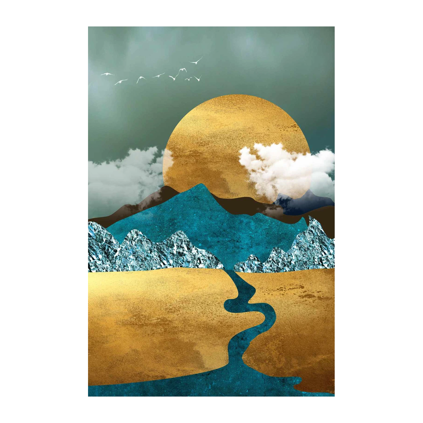 Gold Sun Mountain River Teal Landscape Wall Art