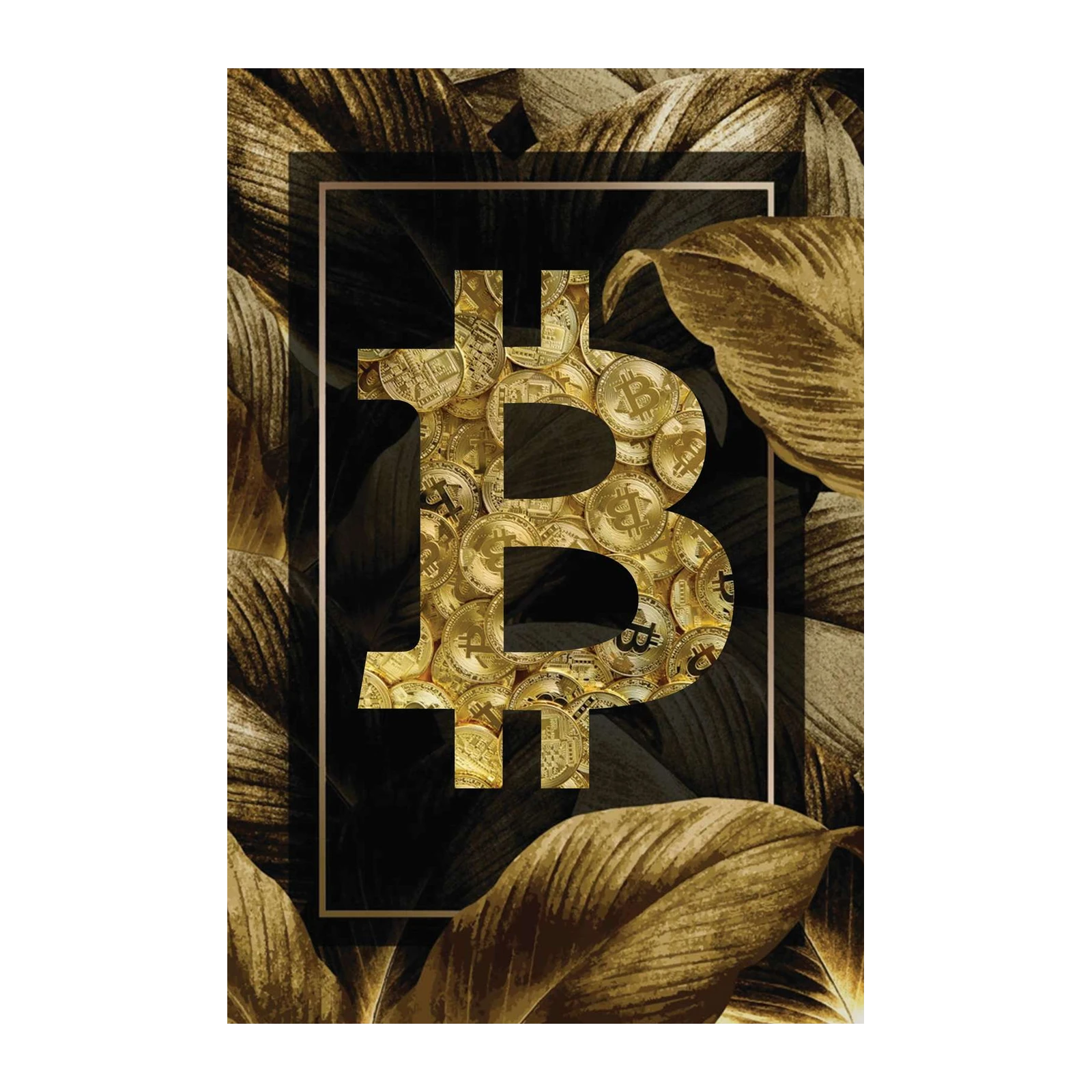 Golden Bitcoin Luxury Leaf Art Wall Art