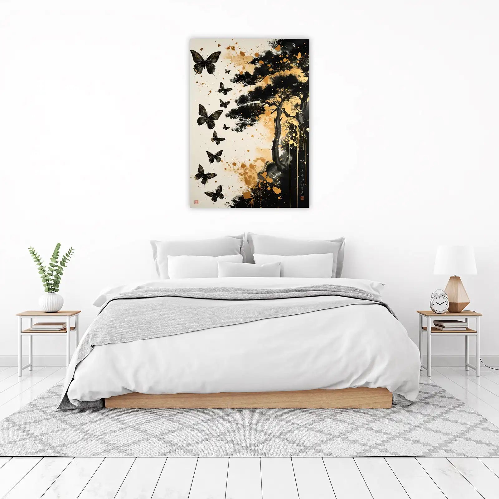 Elegant Black Gold Butterflies & Pine Tree Wall Art