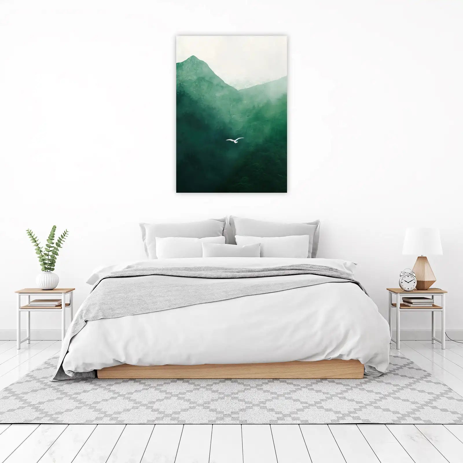Serene Mountain Bird Minimalist Green Wall Art