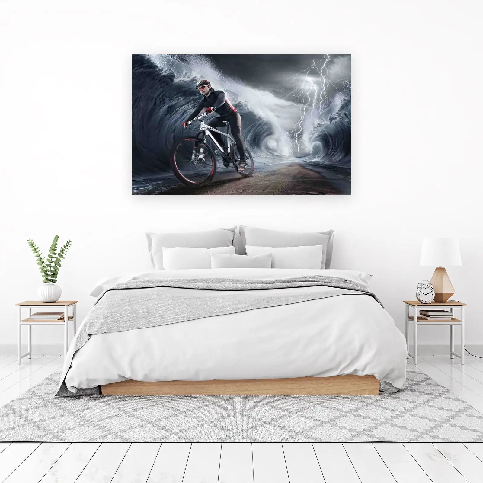 Extreme Cyclist Against Stormy Waves Wall Art