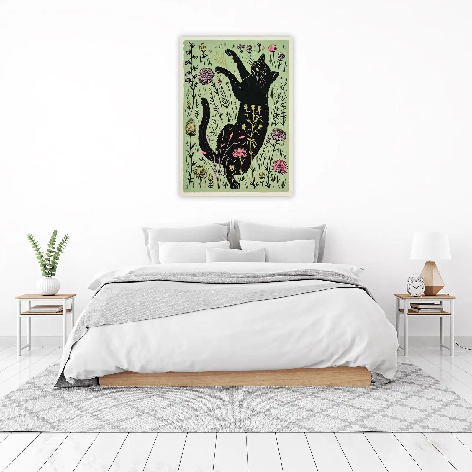 Whimsical Black Cat Floral Meadow Wall Art