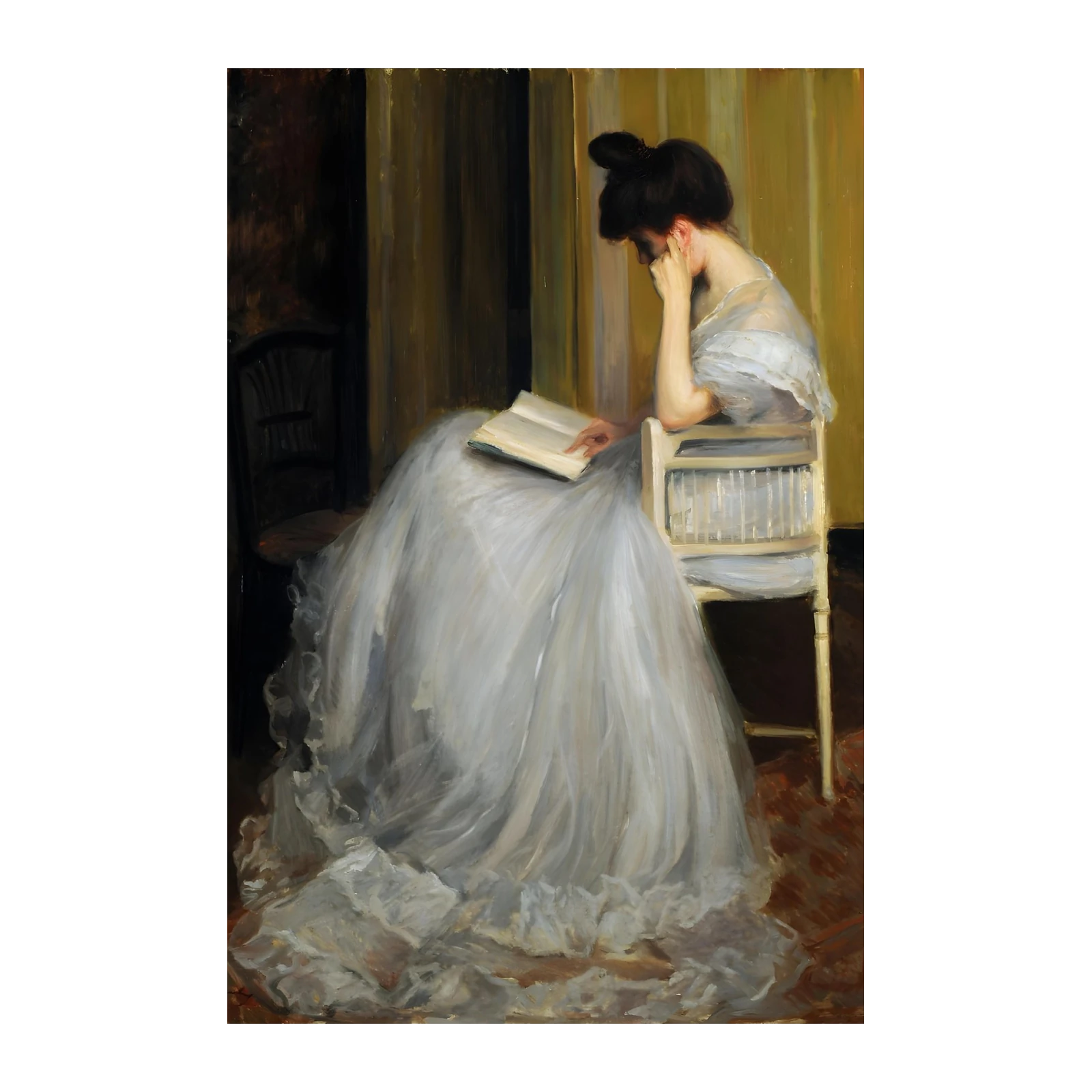 Elegant Reading Woman in White Gown Wall Art