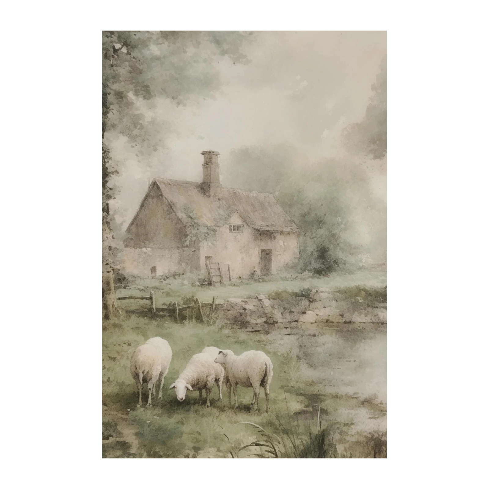 Serene Sheep Pastoral Cottage Wall Art