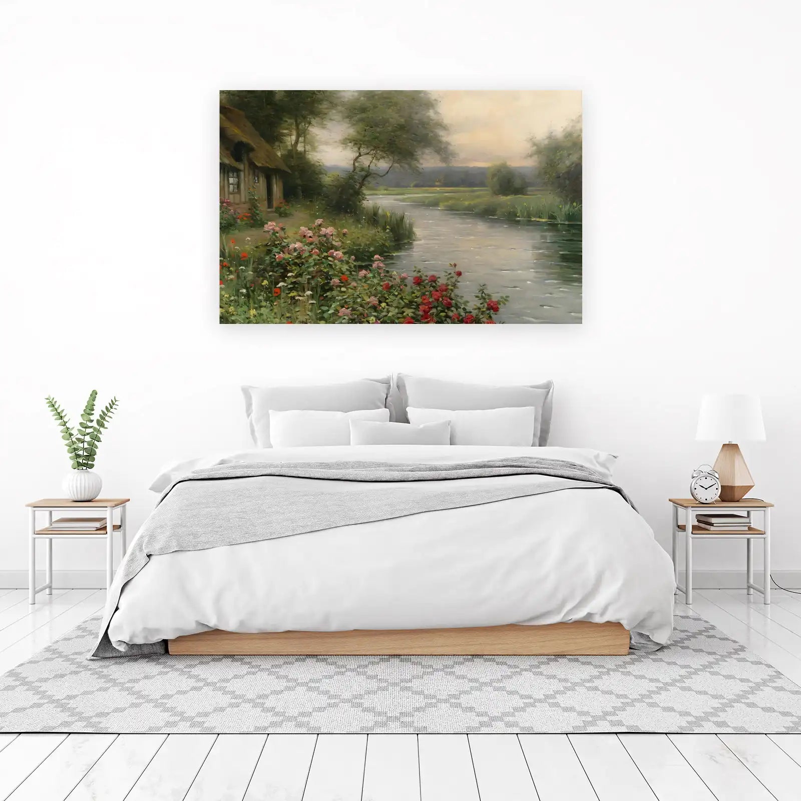 Serene Riverside Cottage & Roses Wall Art