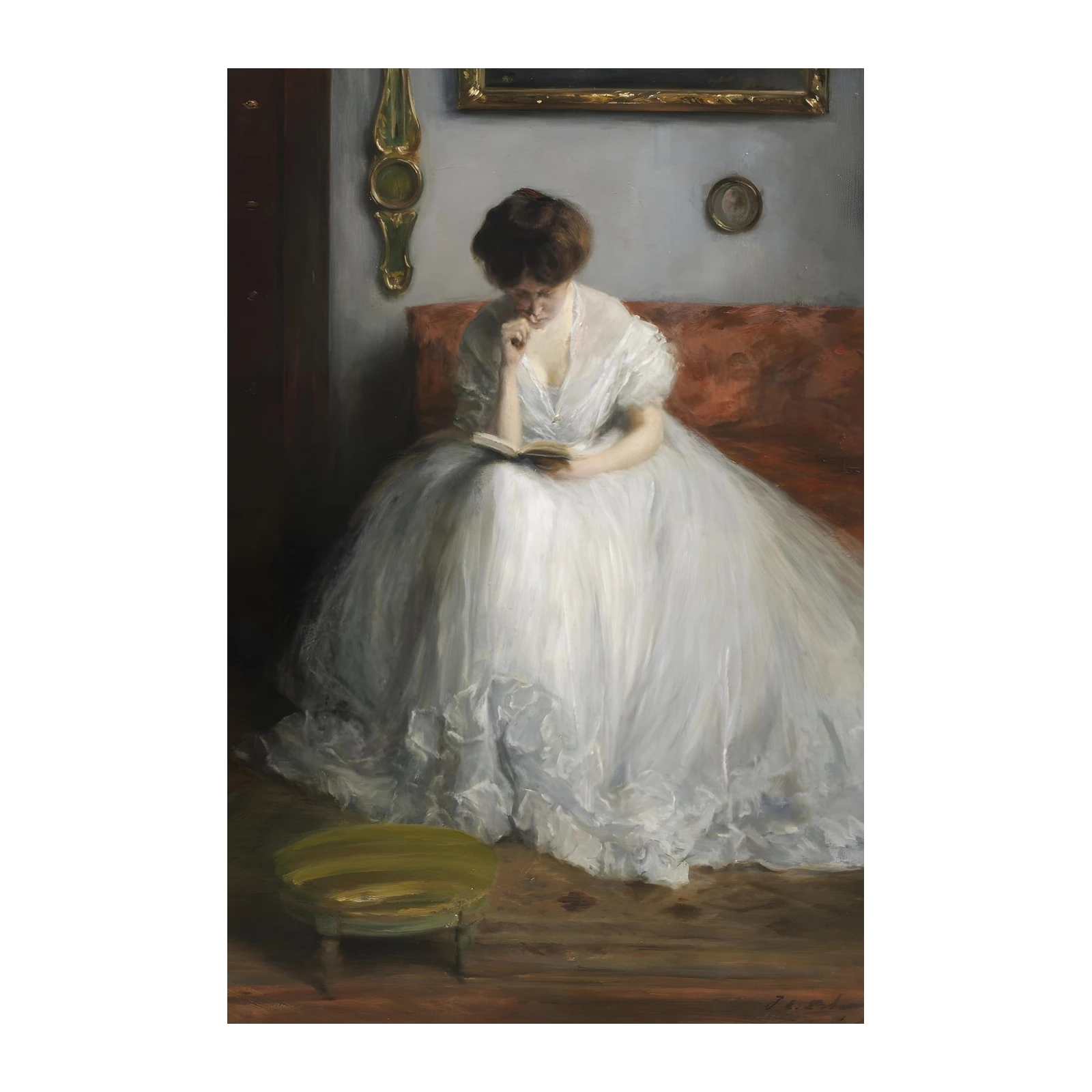 Woman Reading in White Gown Wall Art