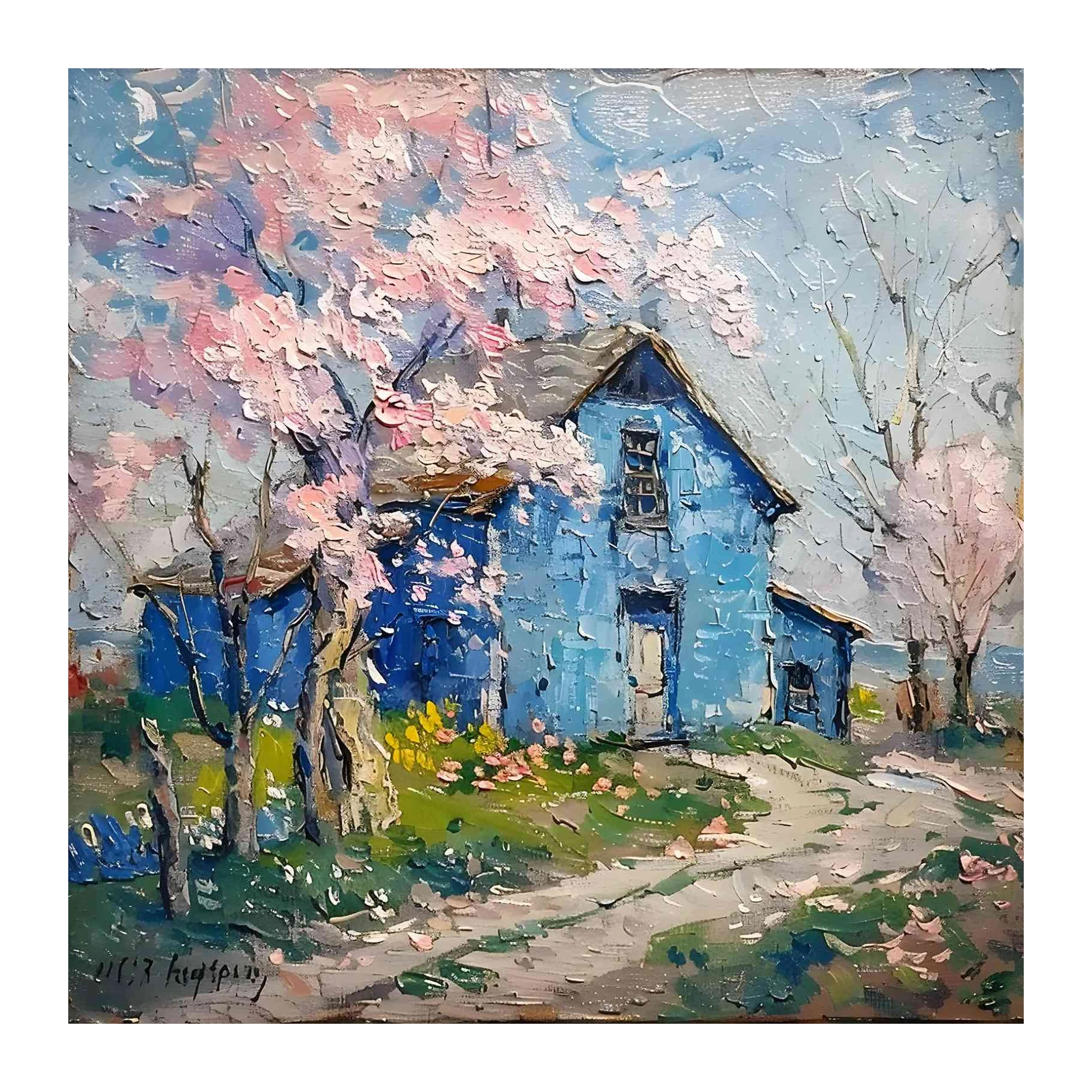 Vibrant Blue House Cherry Blossom Wall Art
