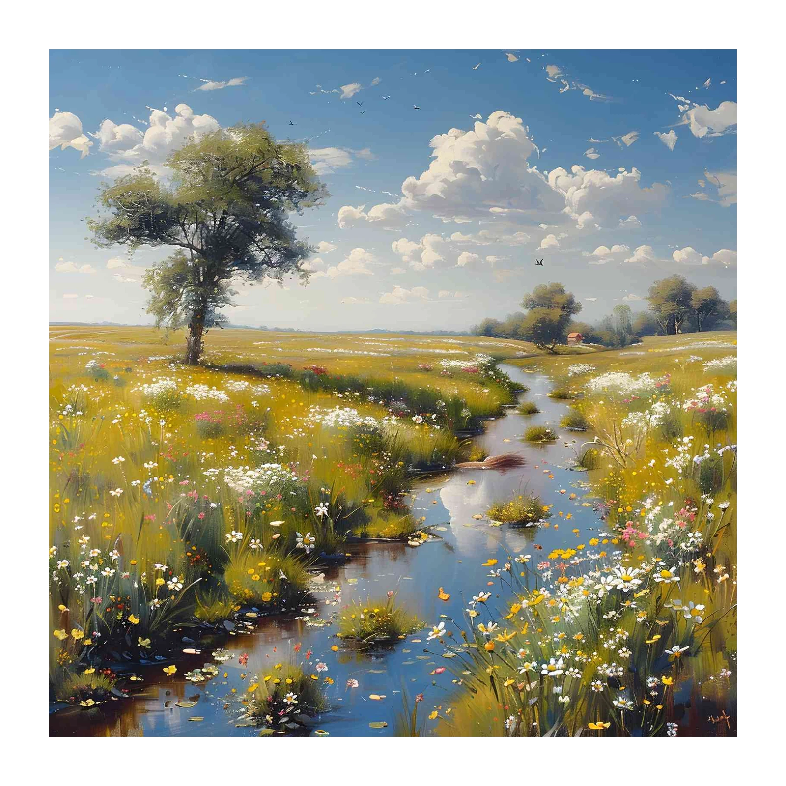 Serene Meadow Stream Impressionist Wall Art