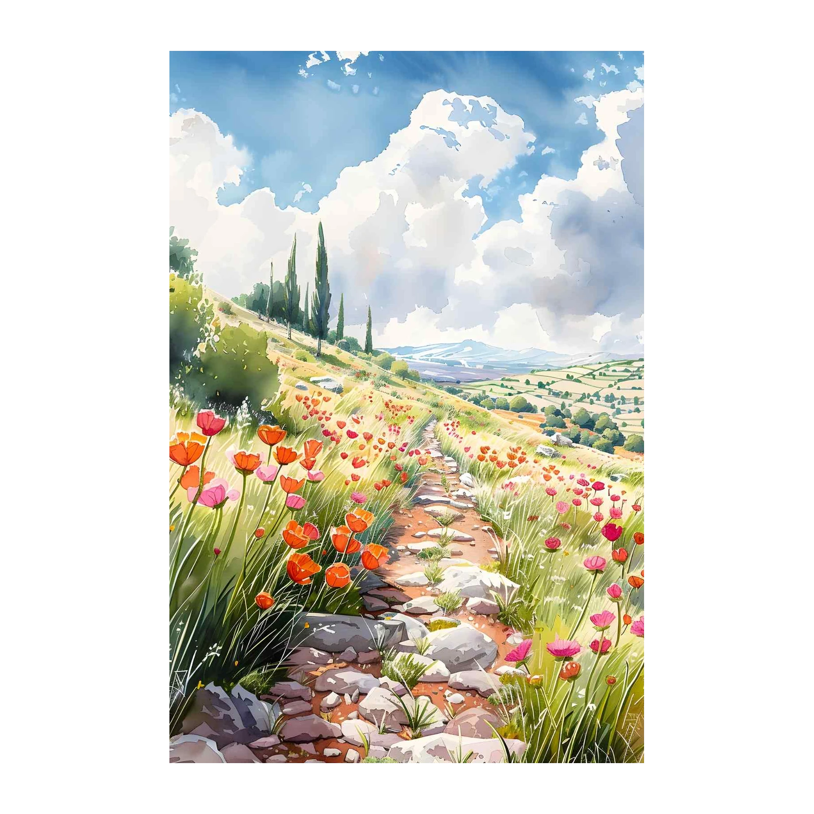 Vibrant Poppy Field Path Watercolor Wall Art