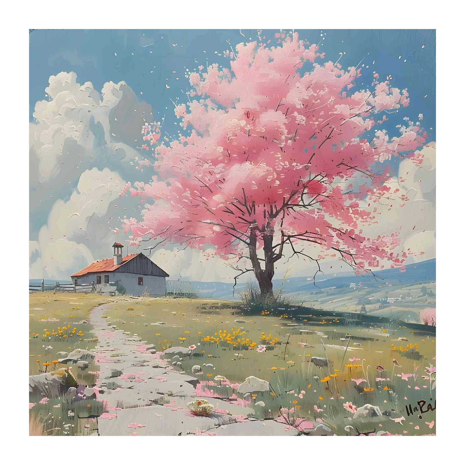 Serene Cherry Blossom Countryside Wall Art