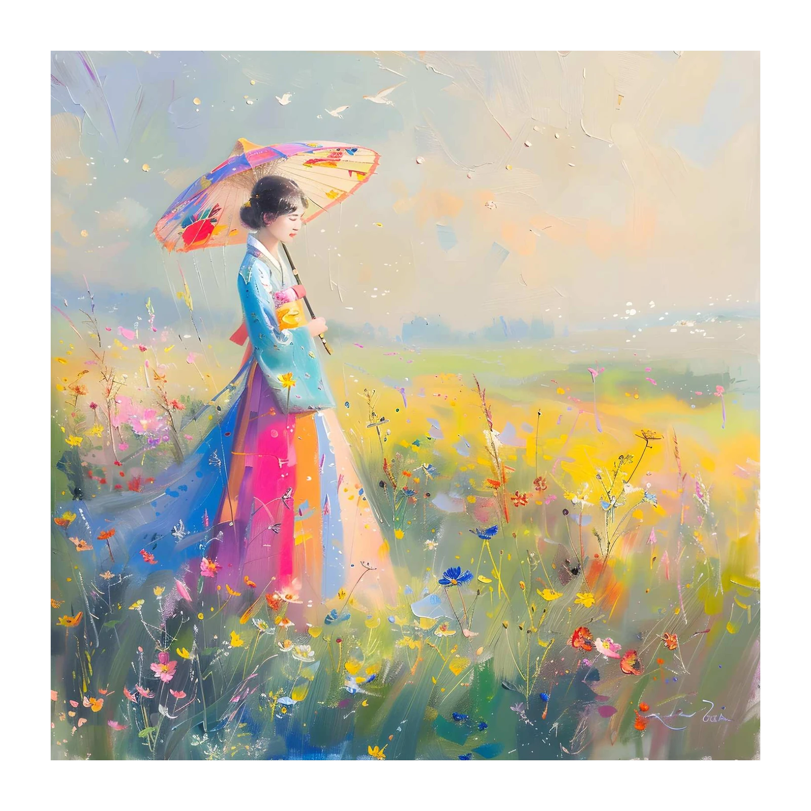 Vibrant Meadow Woman with Umbrella Wall Art