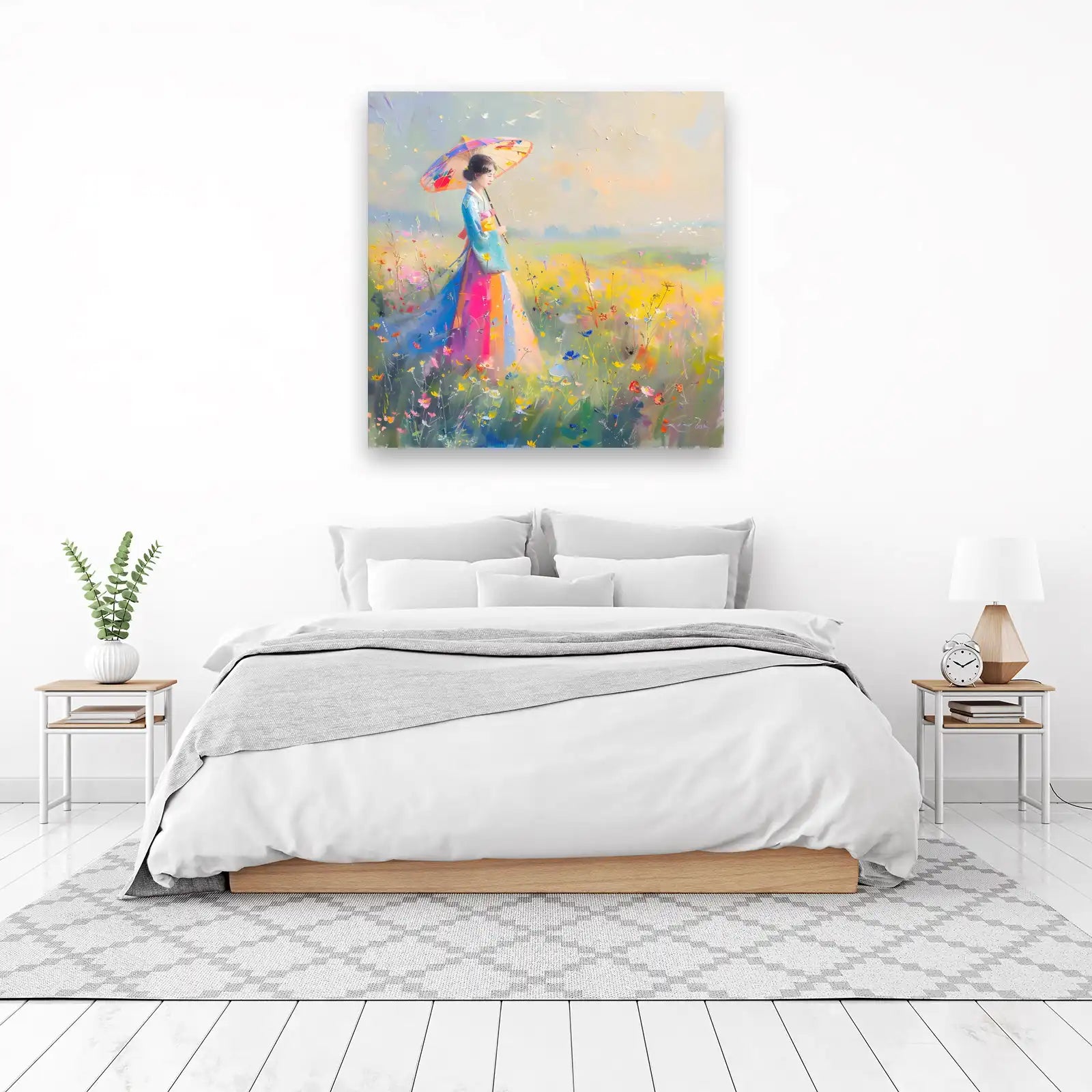 Vibrant Meadow Woman with Umbrella Wall Art