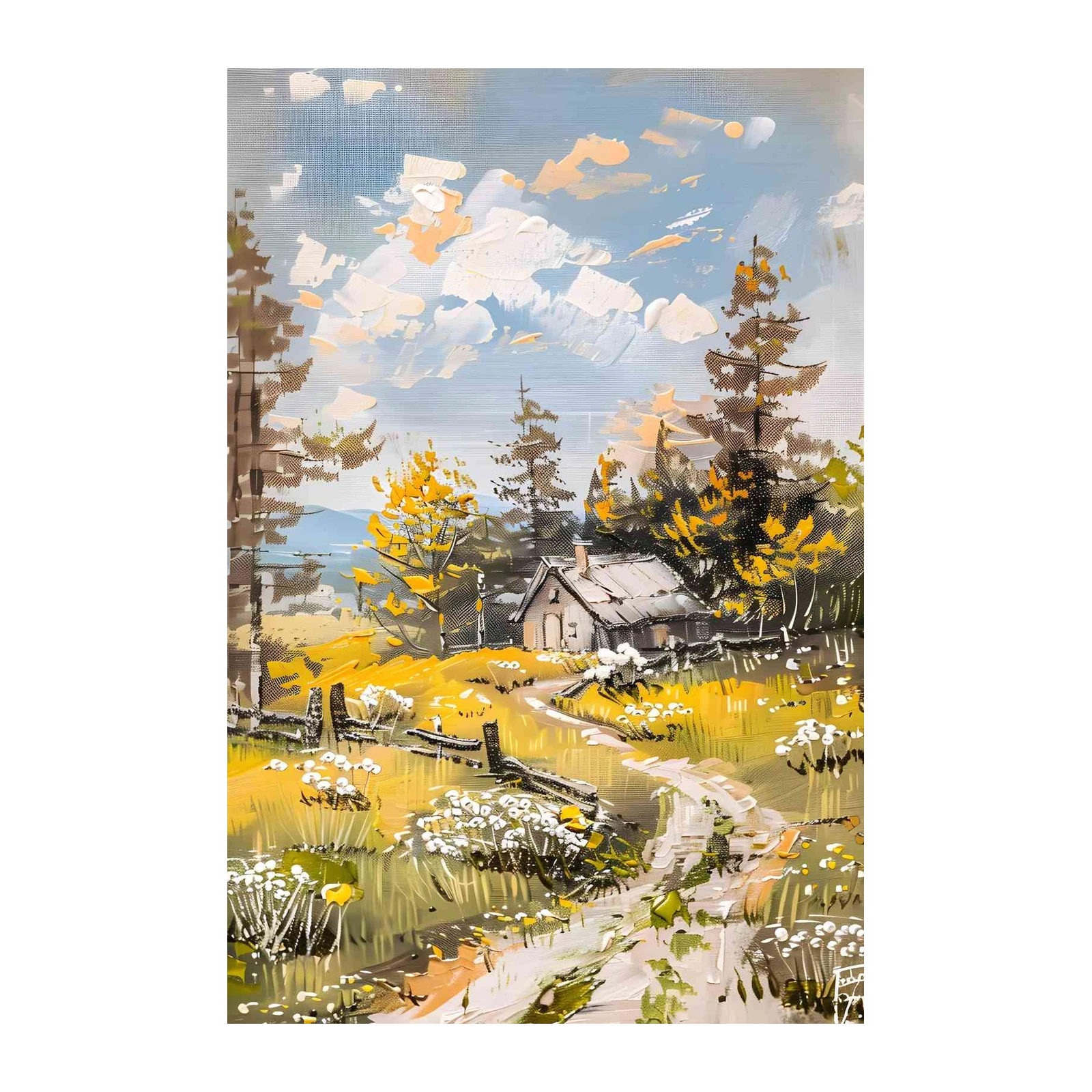 Rustic Cabin Landscape Textured Wall Art