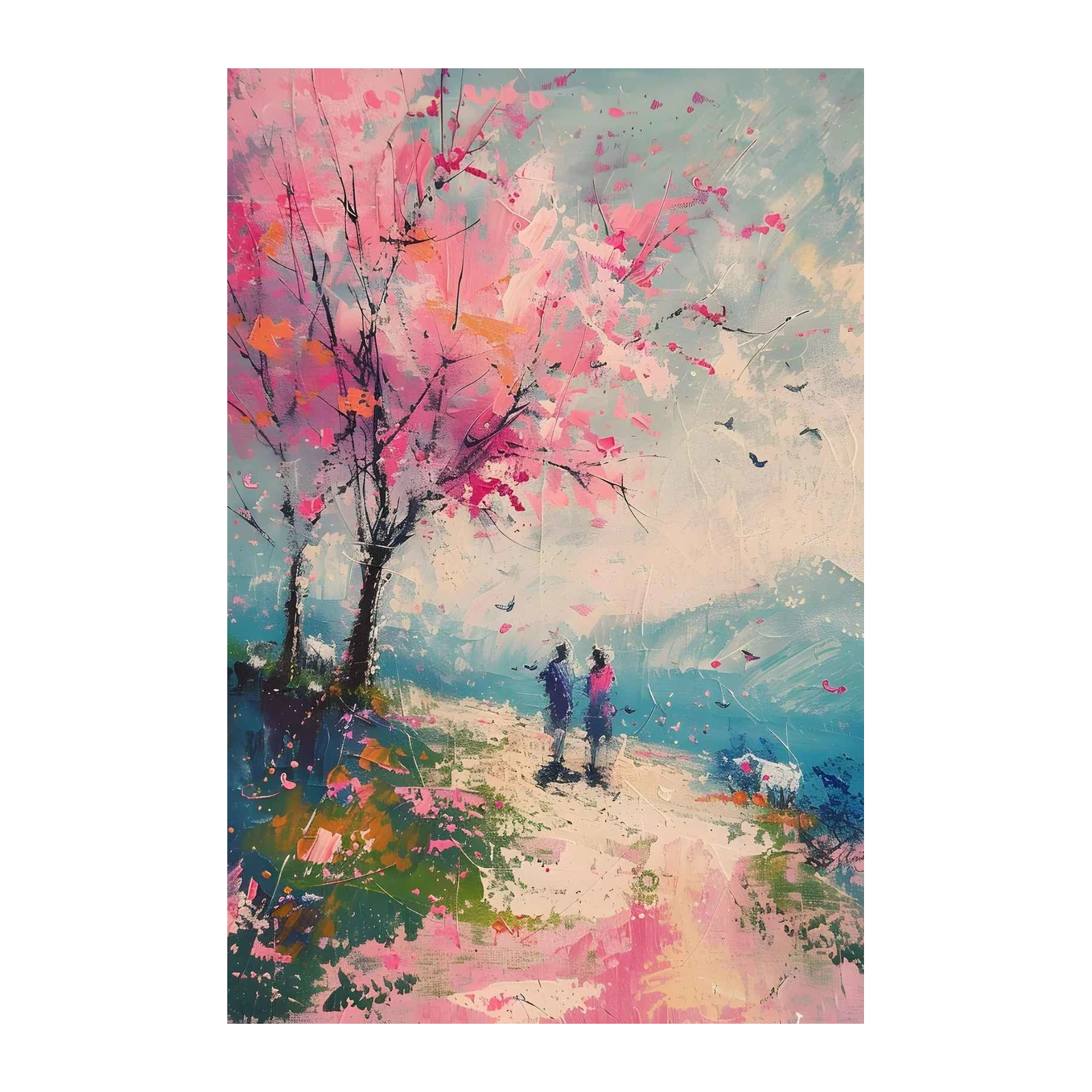 Pink Blossom Serenity Couple Walk Wall Art