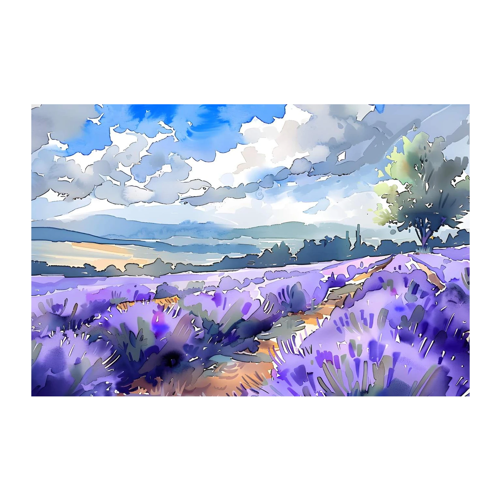 Lavender Fields & Sky Watercolor Wall Art