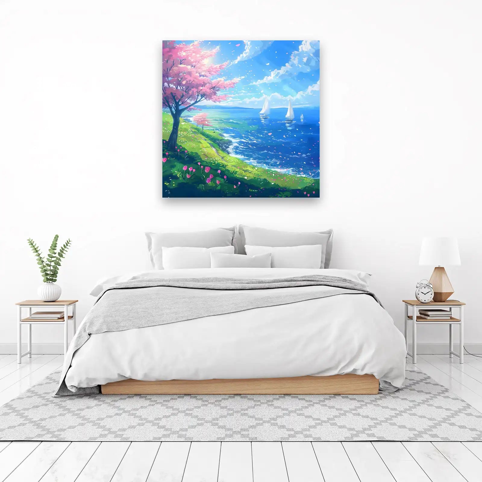 Serene Sakura Sailboat Landscape Wall Art